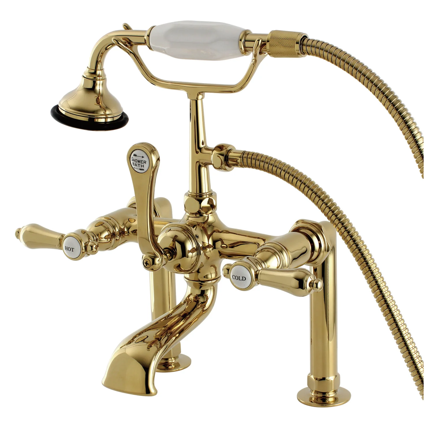 Kingston Heirloom AE103T2BAL - Heirloom Three-Handle 2-Hole Deck-Mount Clawfoot Tub Faucet with Hand Shower, Polished Brass