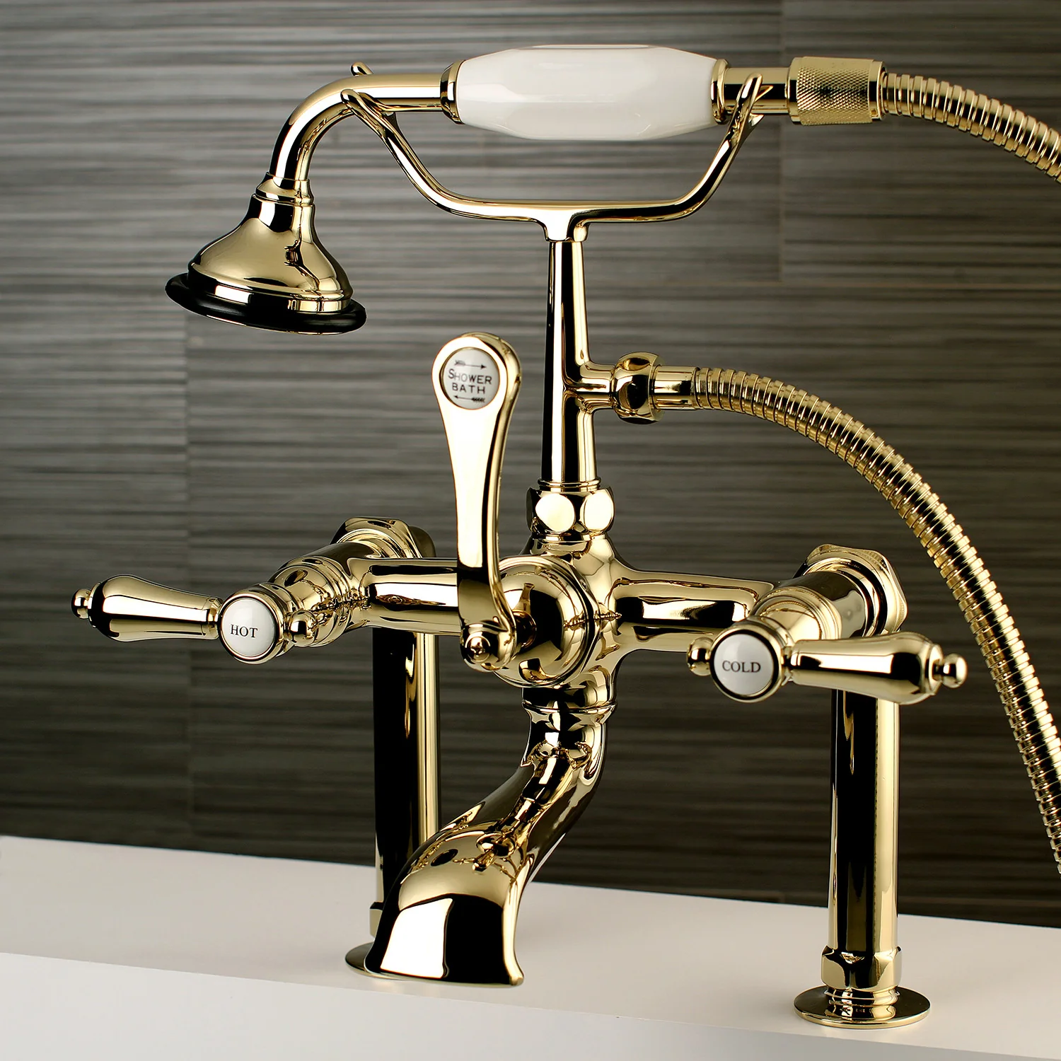 Kingston Heirloom AE103T2BAL - Heirloom Three-Handle 2-Hole Deck-Mount Clawfoot Tub Faucet with Hand Shower, Polished Brass - Image 2