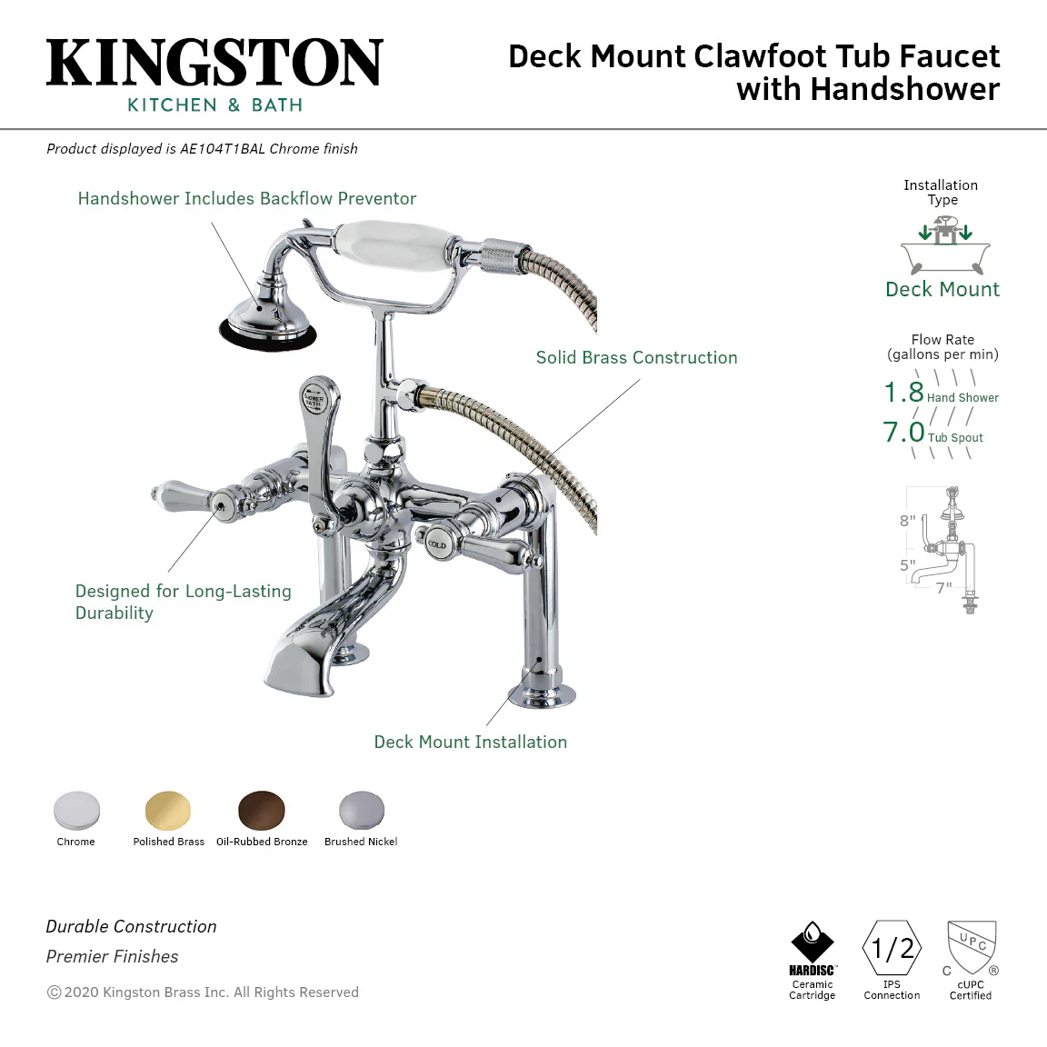 Kingston Heirloom AE103T2BAL - Heirloom Three-Handle 2-Hole Deck-Mount Clawfoot Tub Faucet with Hand Shower, Polished Brass - Image 3