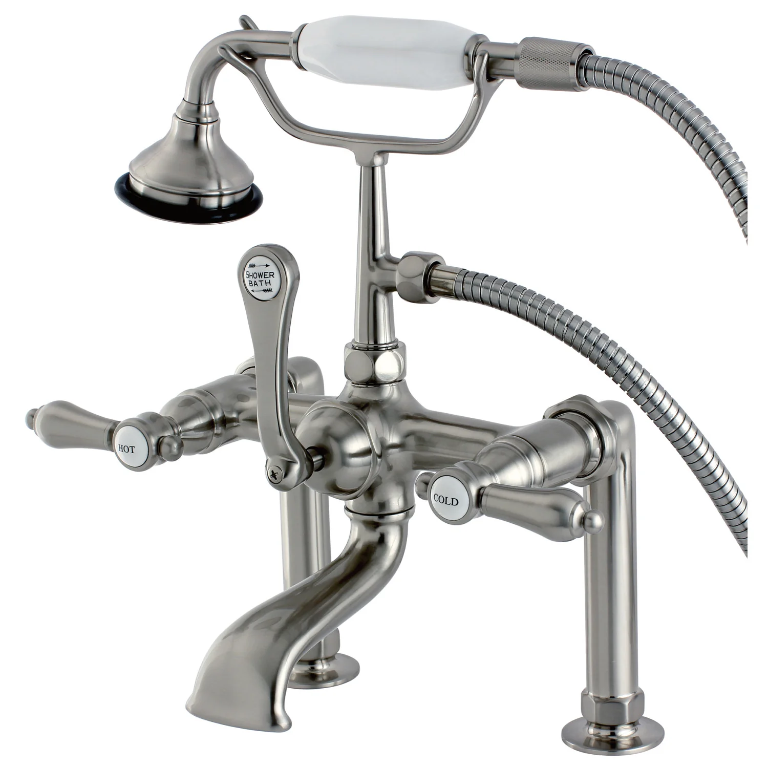 Kingston Heirloom AE103T8BAL - Heirloom Three-Handle 2-Hole Deck-Mount Clawfoot Tub Faucet with Hand Shower, Brushed Nickel