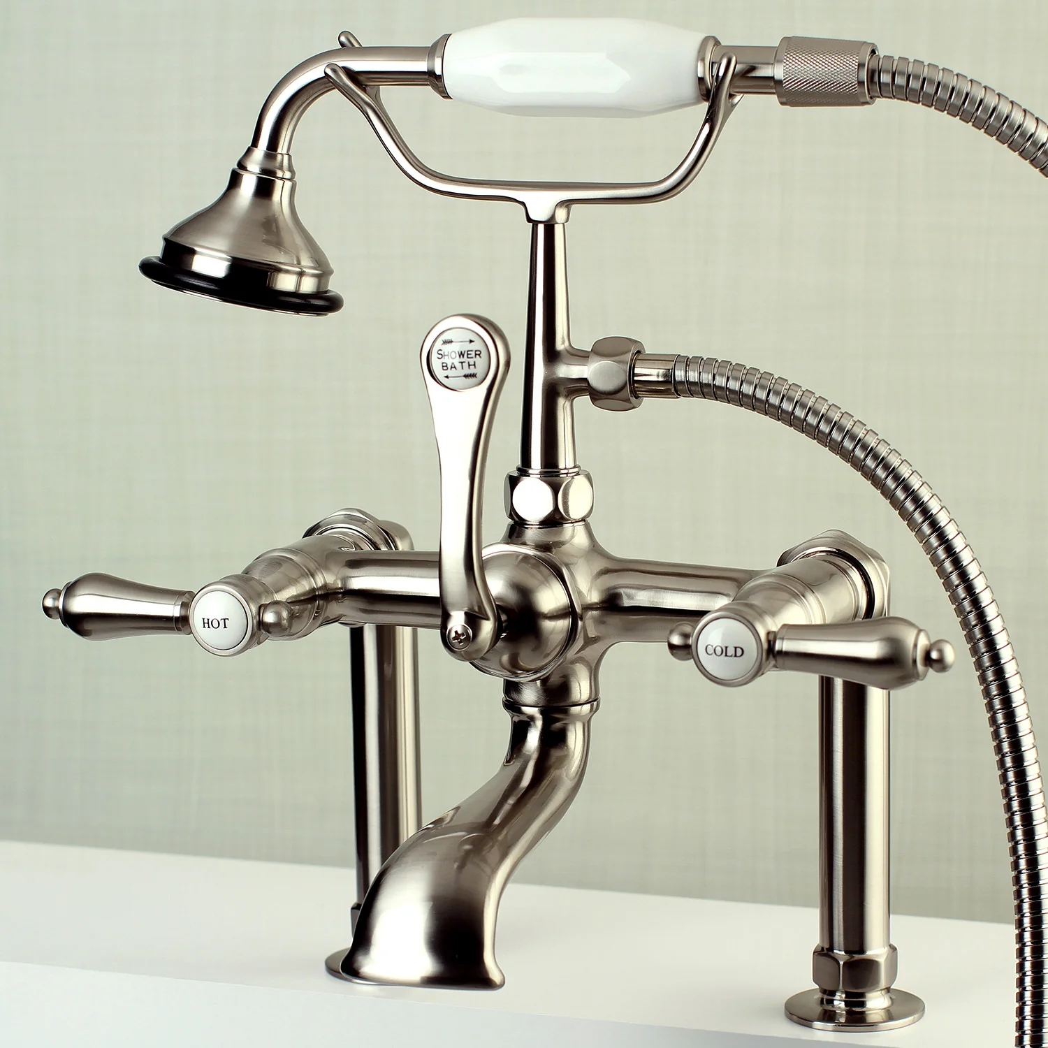 Kingston Heirloom AE103T8BAL - Heirloom Three-Handle 2-Hole Deck-Mount Clawfoot Tub Faucet with Hand Shower, Brushed Nickel - Image 2