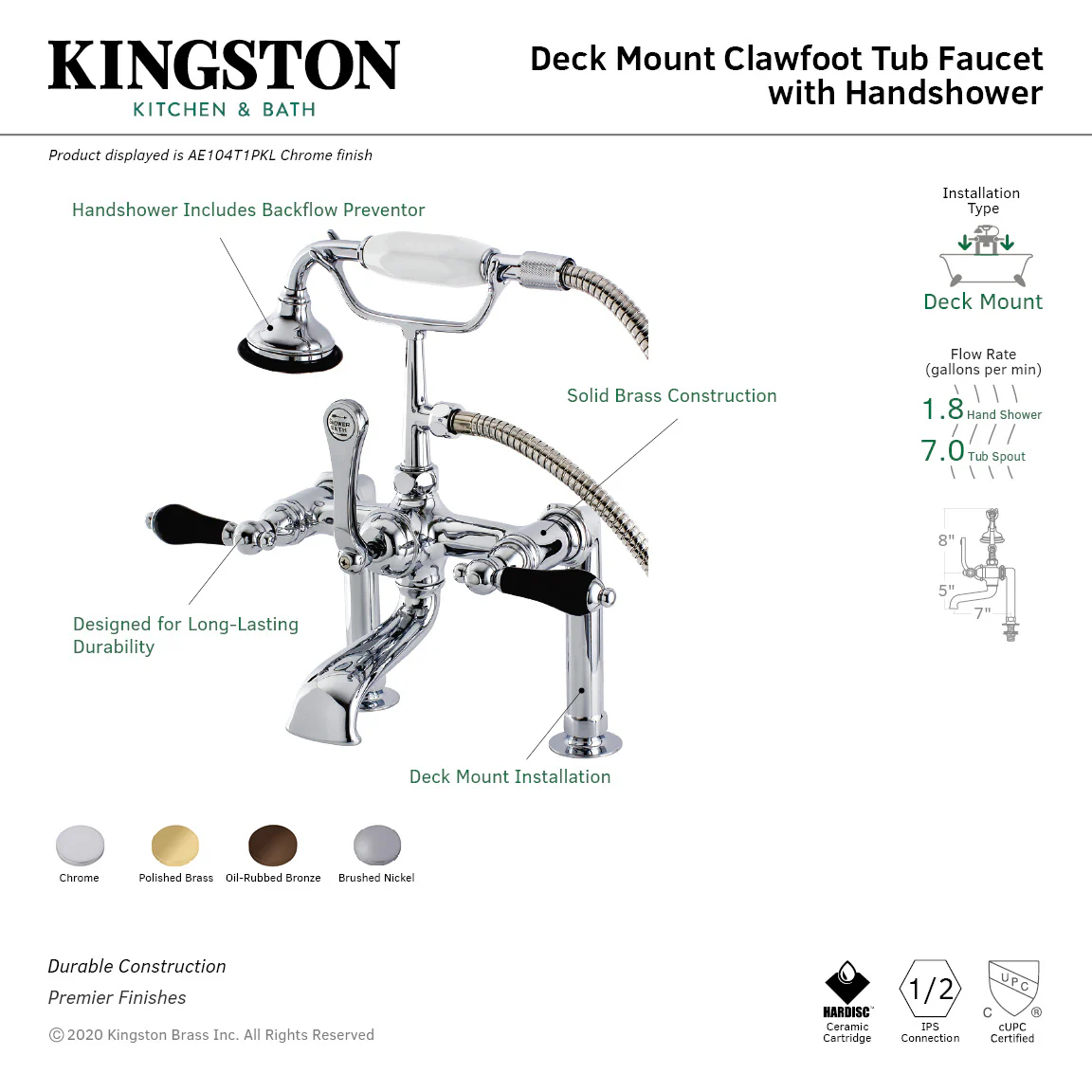 Kingston Heirloom AE104T1PKL - Duchess Three-Handle 2-Hole Deck-Mount Clawfoot Tub Faucet with Hand Shower, Polished Chrome - Image 3