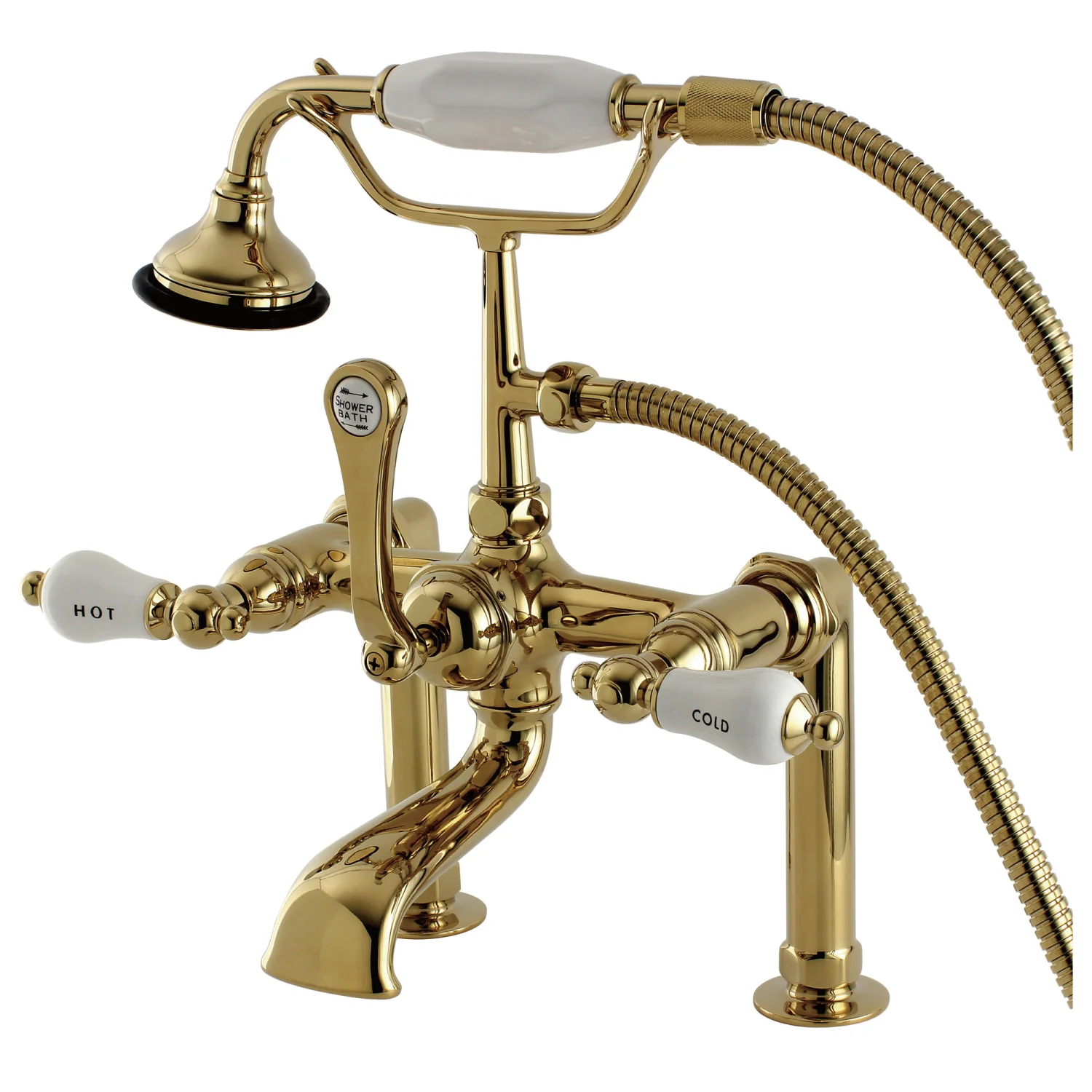 Kingston Heirloom AE107T2 - Aqua Vintage Three-Handle 2-Hole Deck-Mount Clawfoot Tub Faucet with Hand Shower, Polished Brass