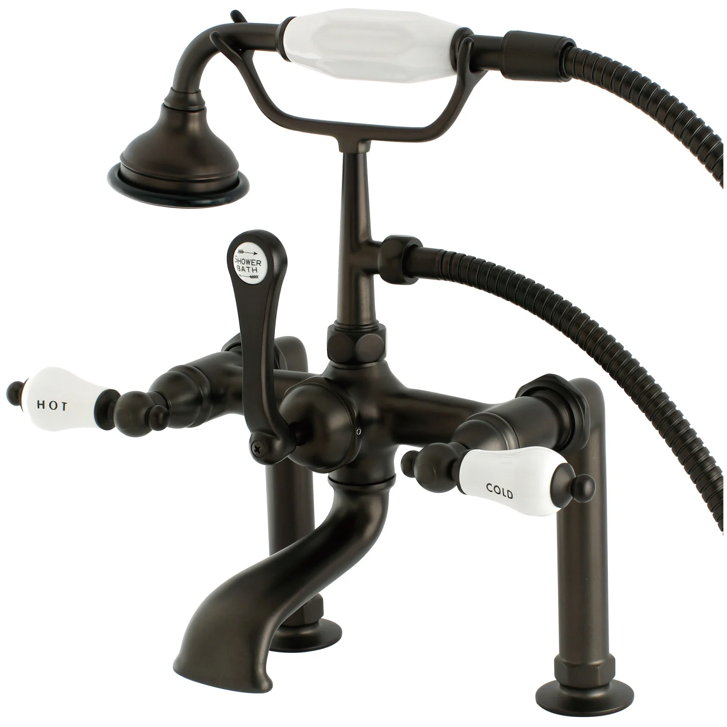 Kingston Heirloom AE107T5 - Aqua Vintage Three-Handle 2-Hole Deck-Mount Clawfoot Tub Faucet with Hand Shower, Oil Rubbed Bronze