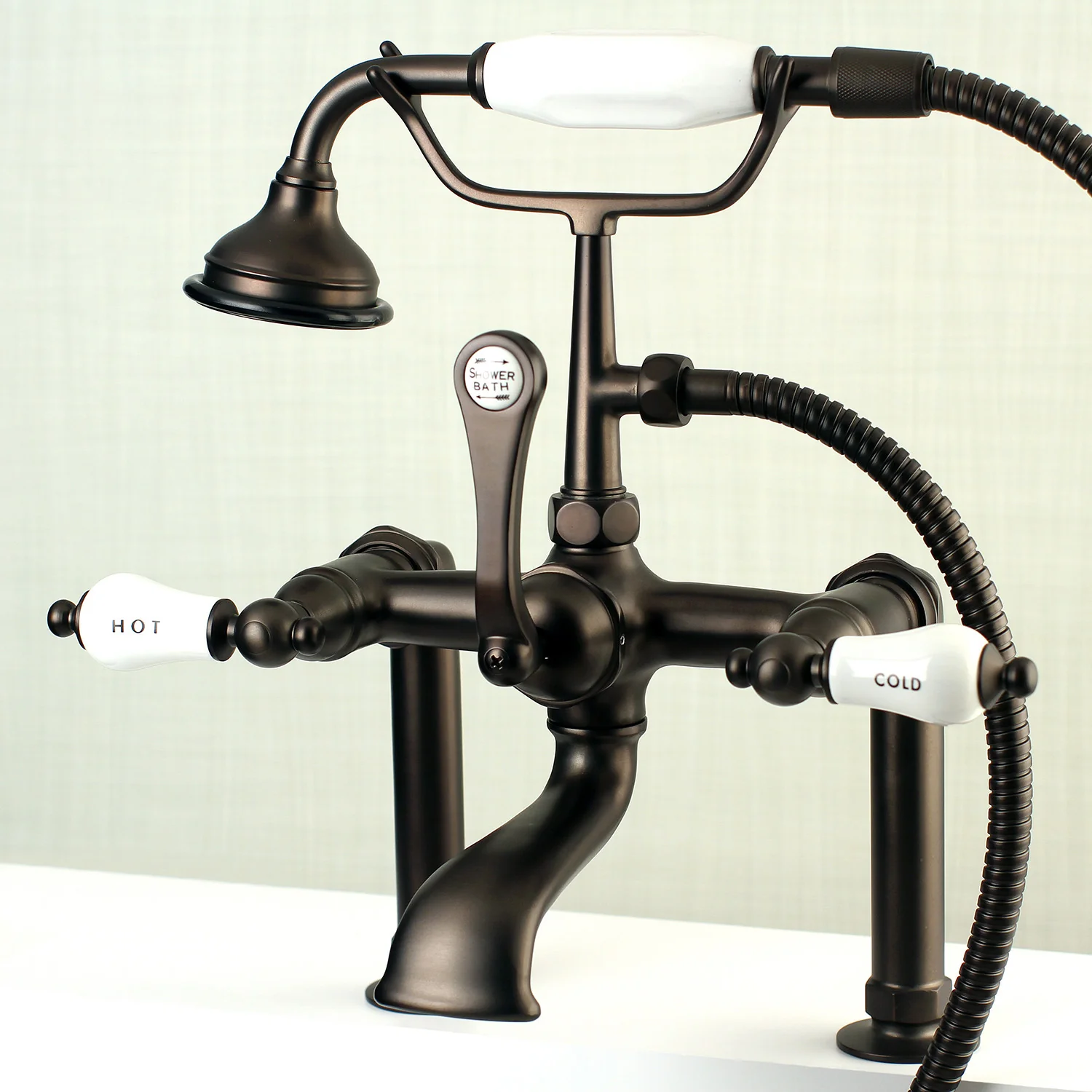 Kingston Heirloom AE107T5 - Aqua Vintage Three-Handle 2-Hole Deck-Mount Clawfoot Tub Faucet with Hand Shower, Oil Rubbed Bronze - Image 2