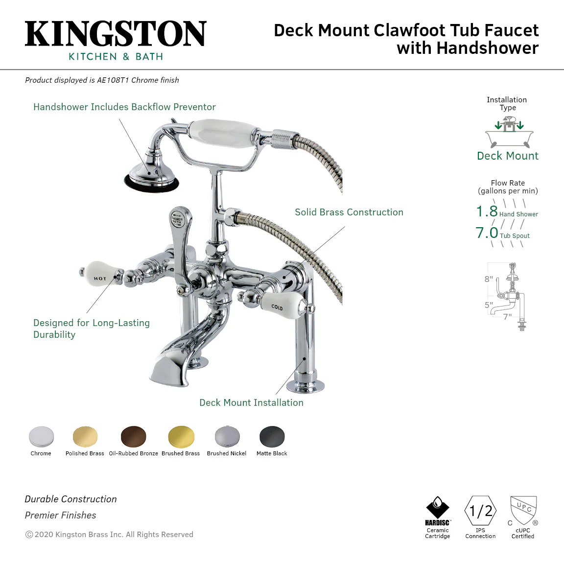 Kingston Heirloom AE107T5 - Aqua Vintage Three-Handle 2-Hole Deck-Mount Clawfoot Tub Faucet with Hand Shower, Oil Rubbed Bronze - Image 3