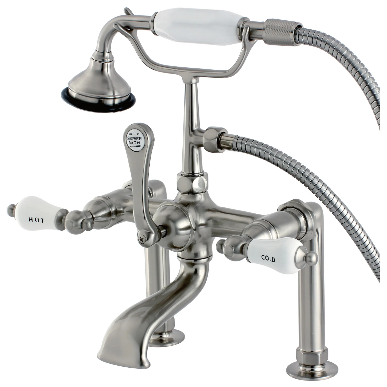 Kingston Heirloom AE107T8 - Aqua Vintage Three-Handle 2-Hole Deck-Mount Clawfoot Tub Faucet with Hand Shower, Brushed Nickel