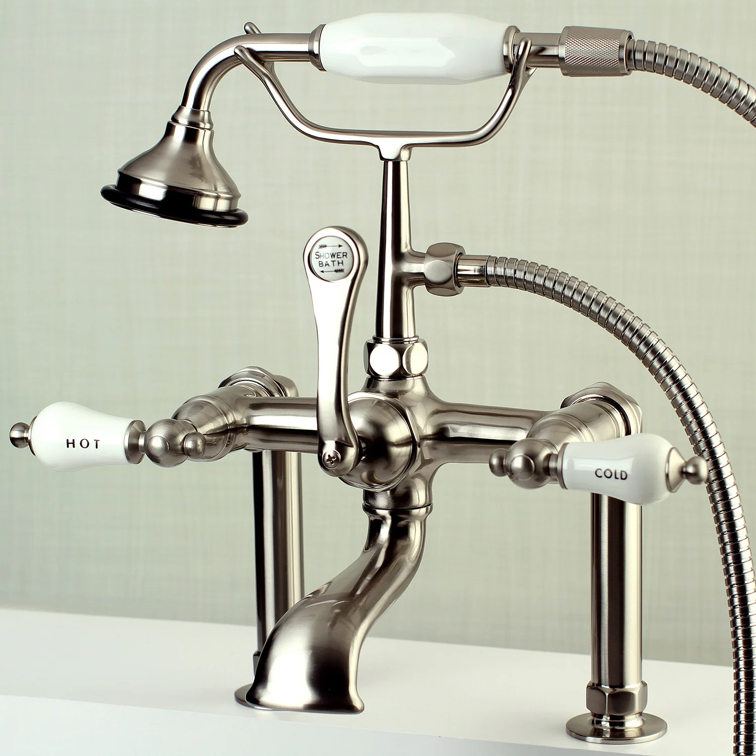 Kingston Heirloom AE107T8 - Aqua Vintage Three-Handle 2-Hole Deck-Mount Clawfoot Tub Faucet with Hand Shower, Brushed Nickel - Image 2