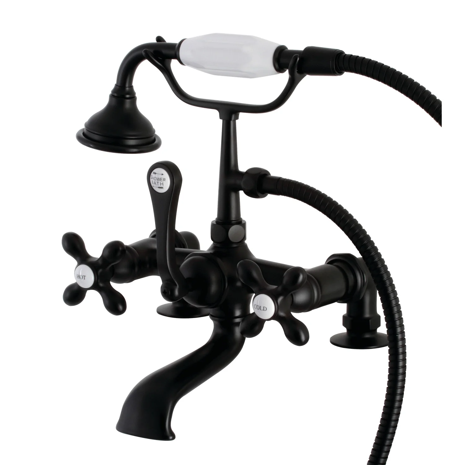 Kingston Heirloom AE209T0 - Aqua Vintage Three-Handle 2-Hole Deck-Mount Clawfoot Tub Faucet with Hand Shower, Matte Black
