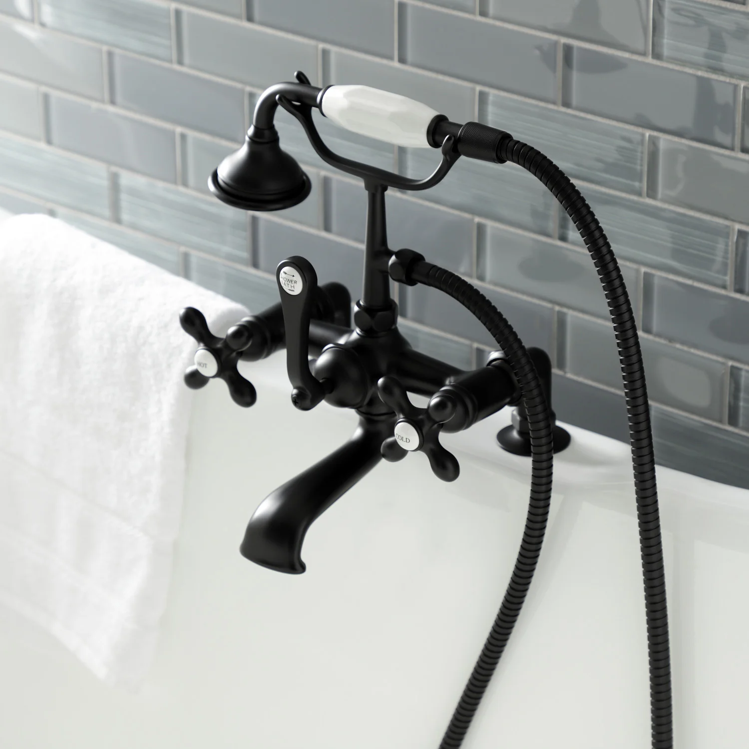Kingston Heirloom AE209T0 - Aqua Vintage Three-Handle 2-Hole Deck-Mount Clawfoot Tub Faucet with Hand Shower, Matte Black - Image 2
