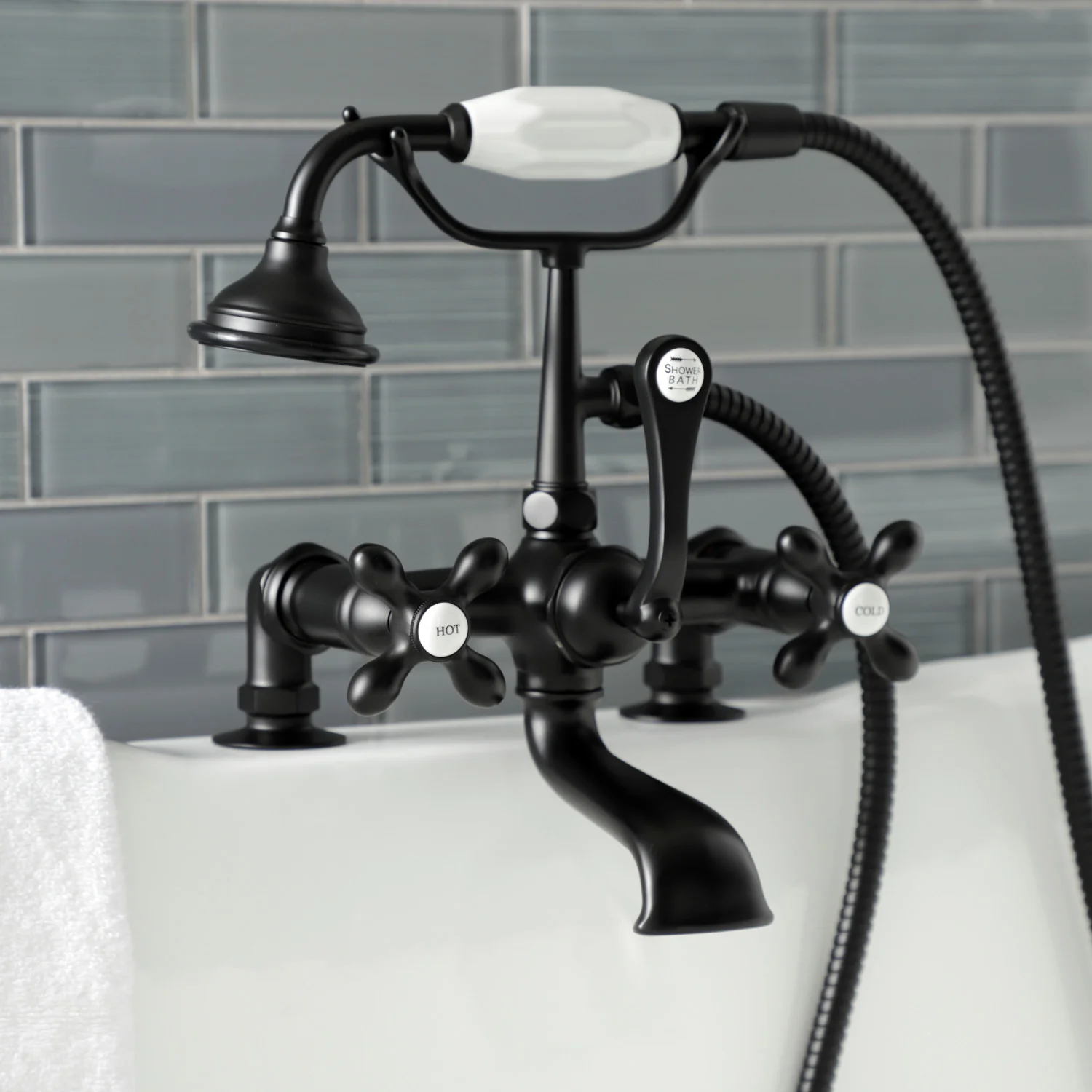 Kingston Heirloom AE209T0 - Aqua Vintage Three-Handle 2-Hole Deck-Mount Clawfoot Tub Faucet with Hand Shower, Matte Black - Image 3