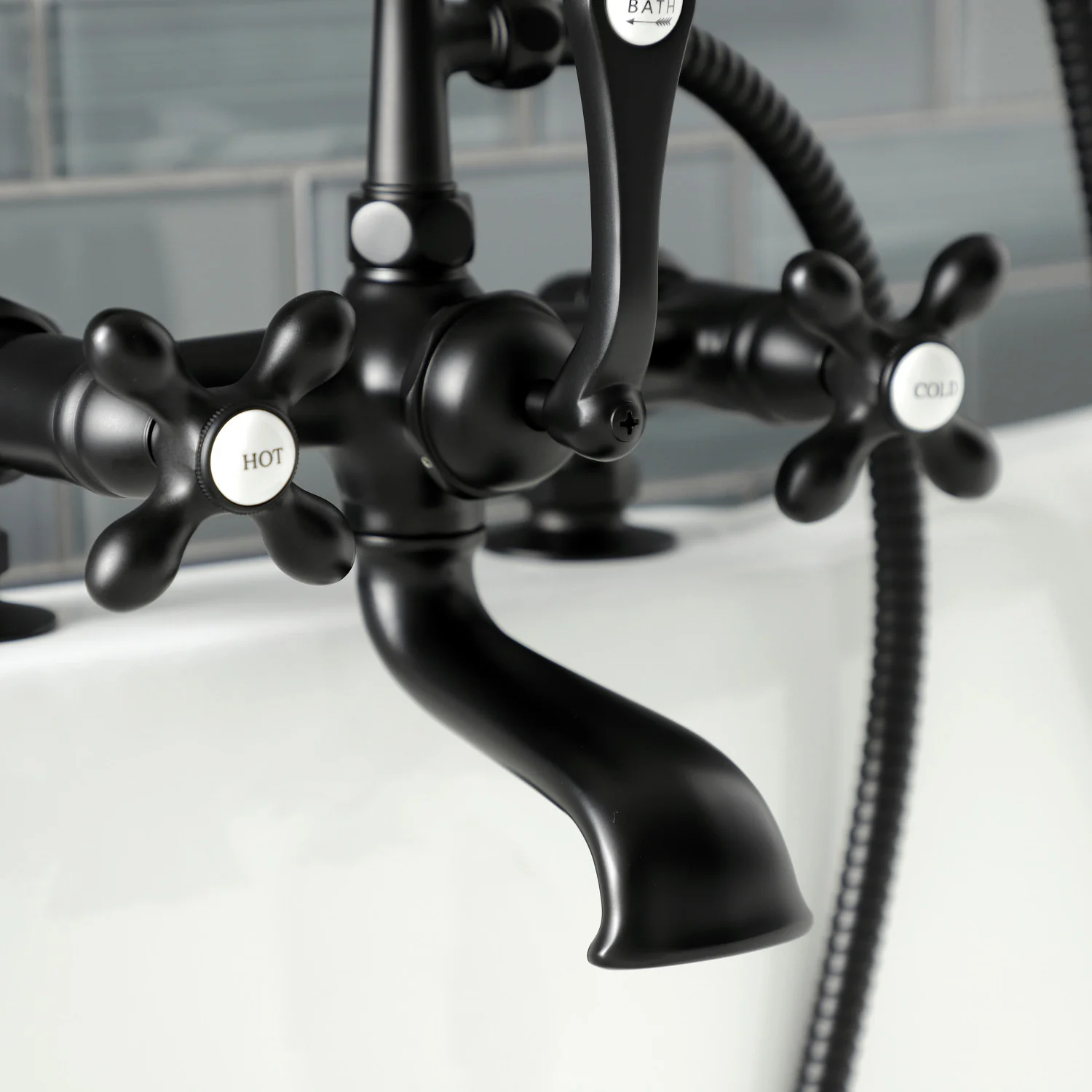 Kingston Heirloom AE209T0 - Aqua Vintage Three-Handle 2-Hole Deck-Mount Clawfoot Tub Faucet with Hand Shower, Matte Black - Image 4