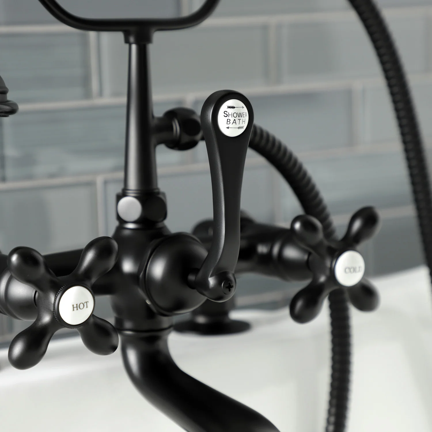 Kingston Heirloom AE209T0 - Aqua Vintage Three-Handle 2-Hole Deck-Mount Clawfoot Tub Faucet with Hand Shower, Matte Black - Image 5