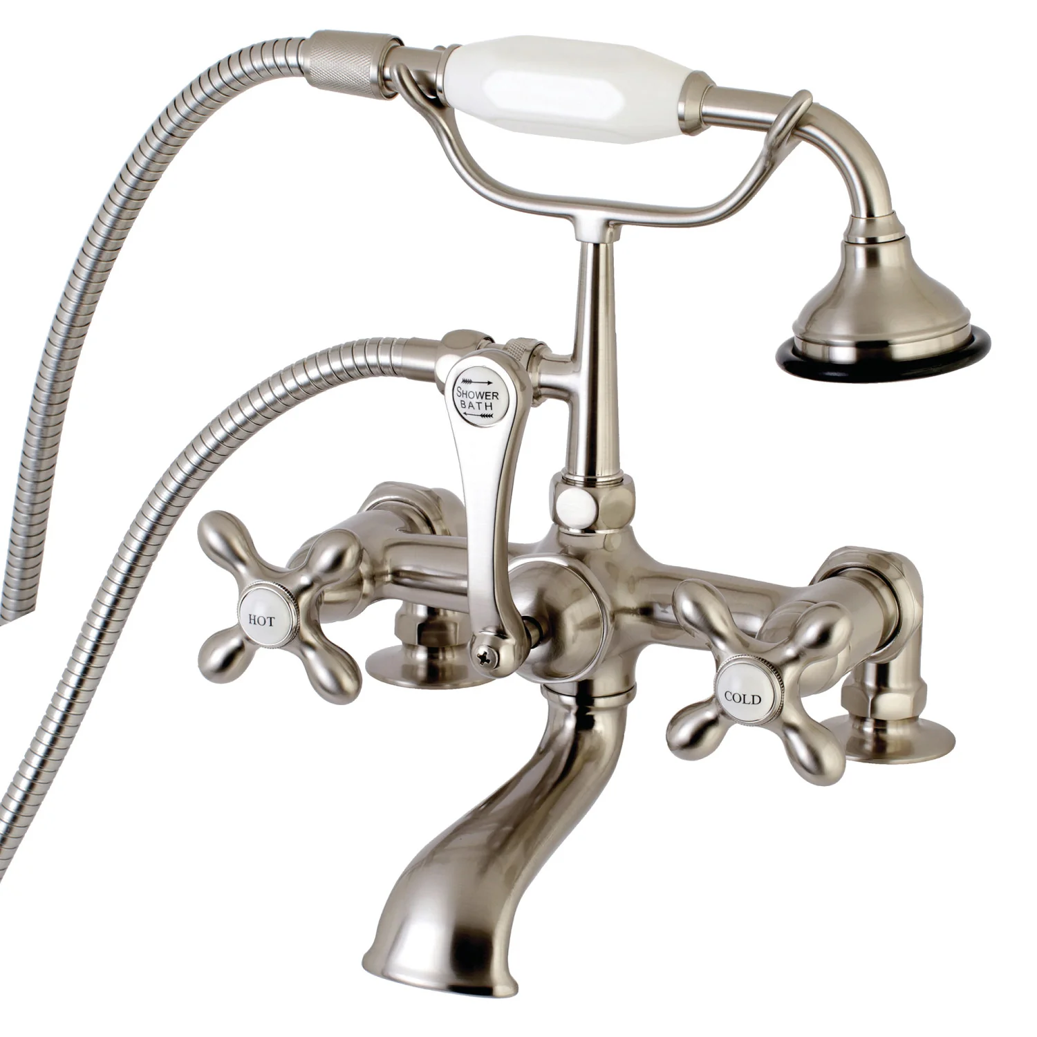 Kingston Heirloom AE209T8 - Aqua Vintage Three-Handle 2-Hole Deck-Mount Clawfoot Tub Faucet with Hand Shower, Brushed Nickel