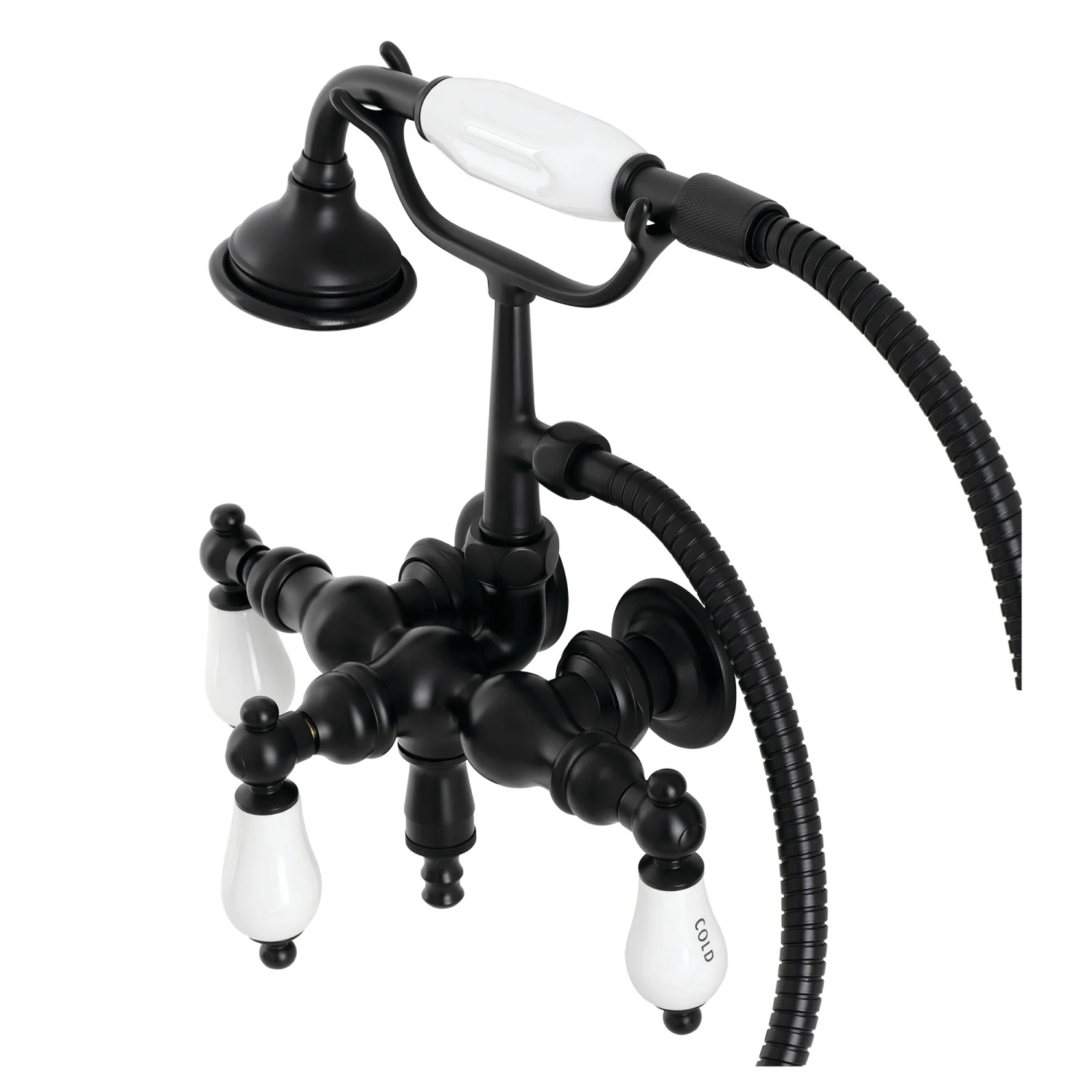 Kingston Heirloom AE21T0 - Aqua Vintage Three-Handle 2-Hole Tub Wall Mount Clawfoot Tub Faucet with Hand Shower, Matte Black