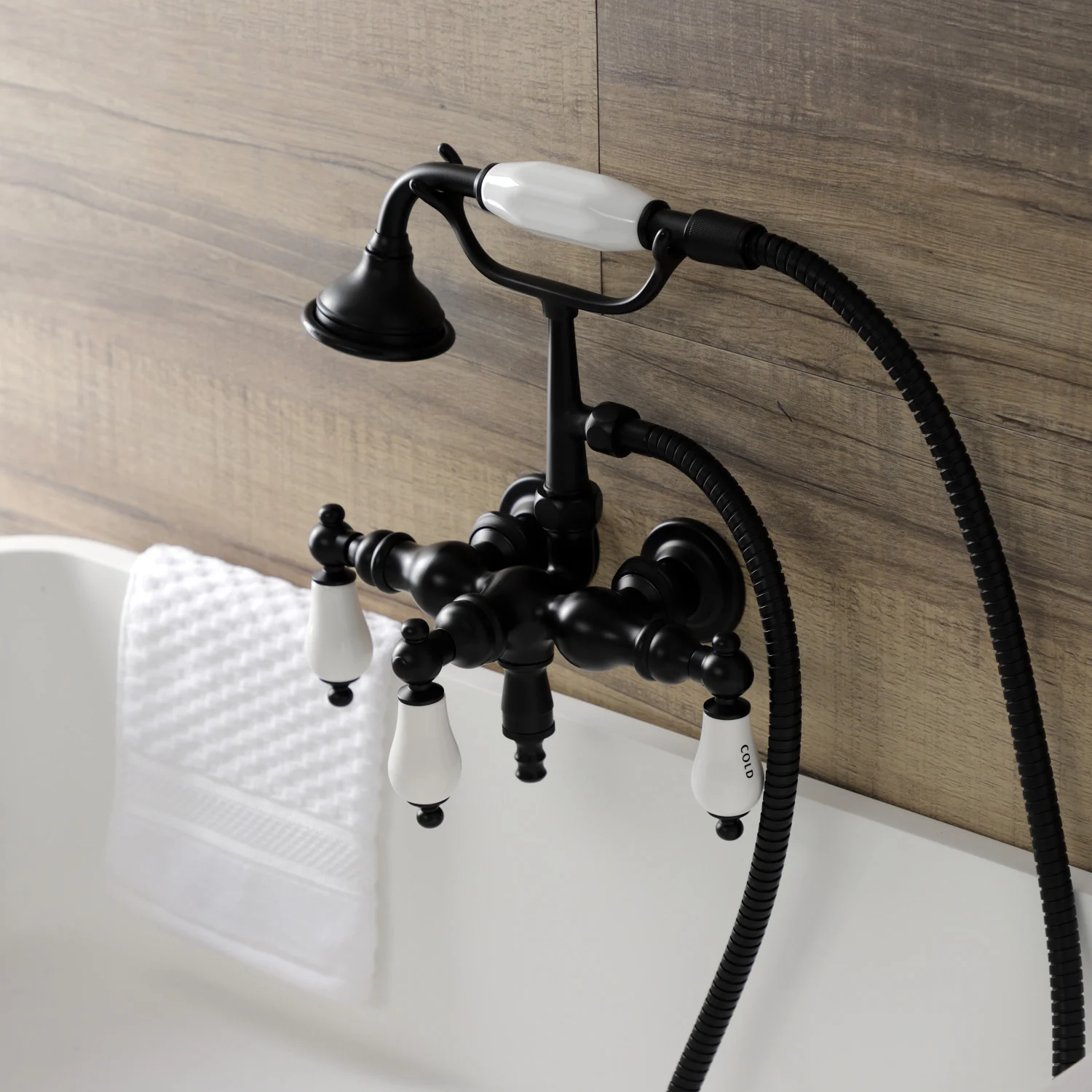 Kingston Heirloom AE21T0 - Aqua Vintage Three-Handle 2-Hole Tub Wall Mount Clawfoot Tub Faucet with Hand Shower, Matte Black - Image 2