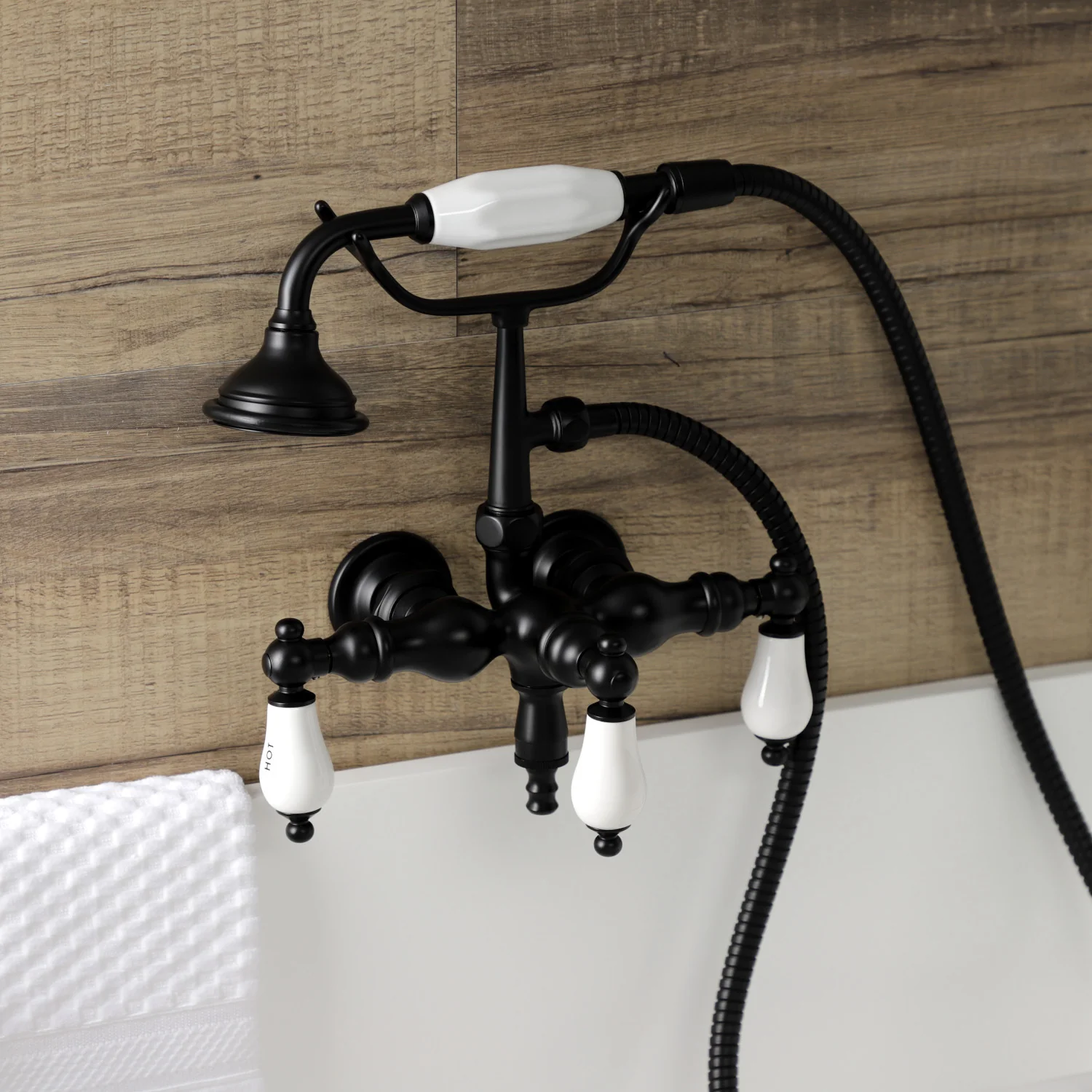 Kingston Heirloom AE21T0 - Aqua Vintage Three-Handle 2-Hole Tub Wall Mount Clawfoot Tub Faucet with Hand Shower, Matte Black - Image 3