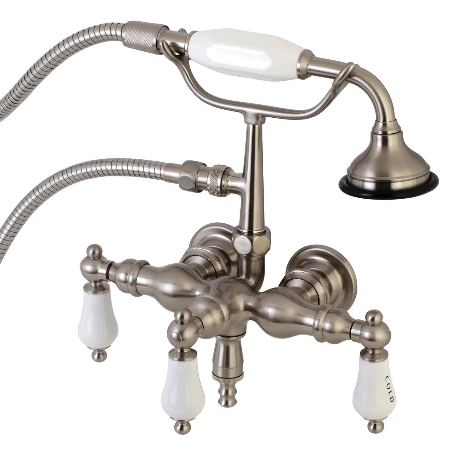 Kingston Heirloom AE21T8 - Aqua Vintage Three-Handle 2-Hole Tub Wall Mount Clawfoot Tub Faucet with Hand Shower, Brushed Nickel