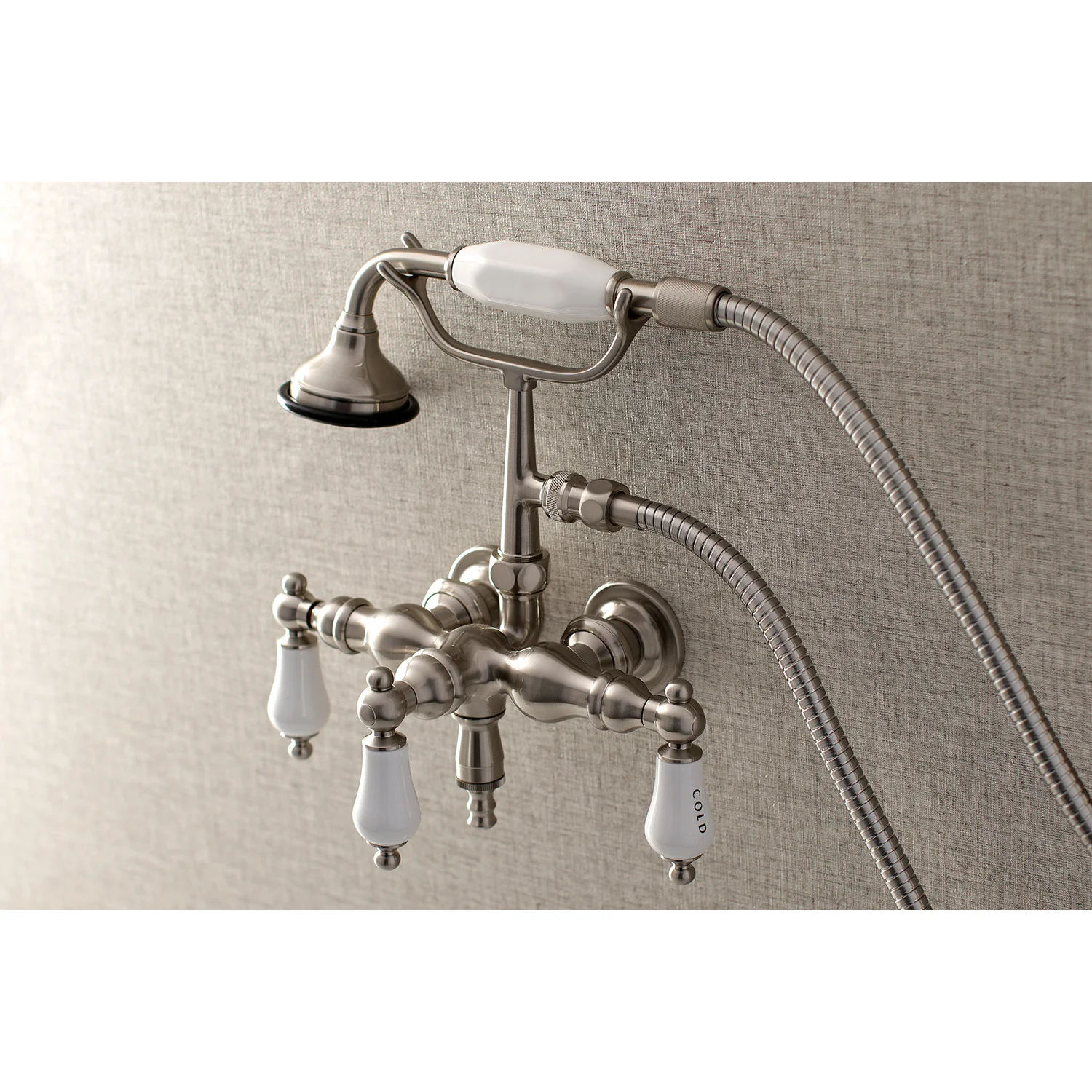 Kingston Heirloom AE21T8 - Aqua Vintage Three-Handle 2-Hole Tub Wall Mount Clawfoot Tub Faucet with Hand Shower, Brushed Nickel - Image 2