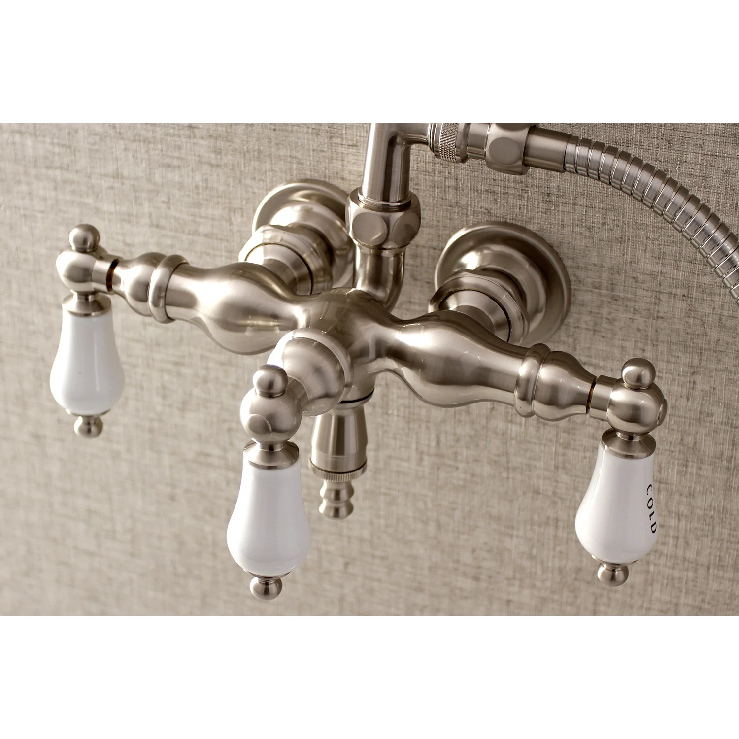 Kingston Heirloom AE21T8 - Aqua Vintage Three-Handle 2-Hole Tub Wall Mount Clawfoot Tub Faucet with Hand Shower, Brushed Nickel - Image 3