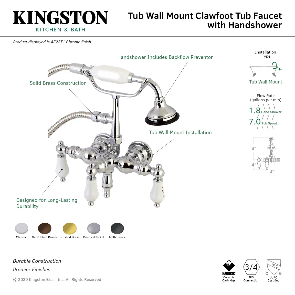 Kingston Heirloom AE21T8 - Aqua Vintage Three-Handle 2-Hole Tub Wall Mount Clawfoot Tub Faucet with Hand Shower, Brushed Nickel - Image 4