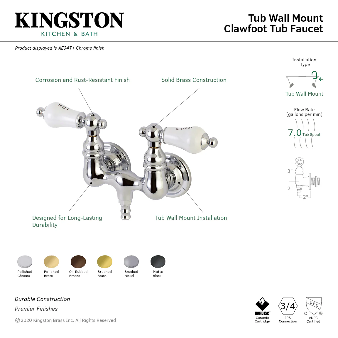 Kingston Heirloom AE33T8 - Aqua Vintage Two-Handle 2-Hole Tub Wall Mount Clawfoot Tub Faucet, Brushed Nickel - Image 4