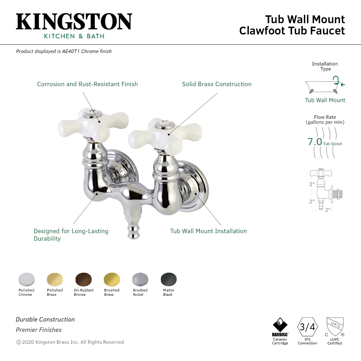 Kingston Heirloom AE39T5 - Aqua Vintage Two-Handle 2-Hole Tub Wall Mount Clawfoot Tub Faucet, Oil Rubbed Bronze - Image 4