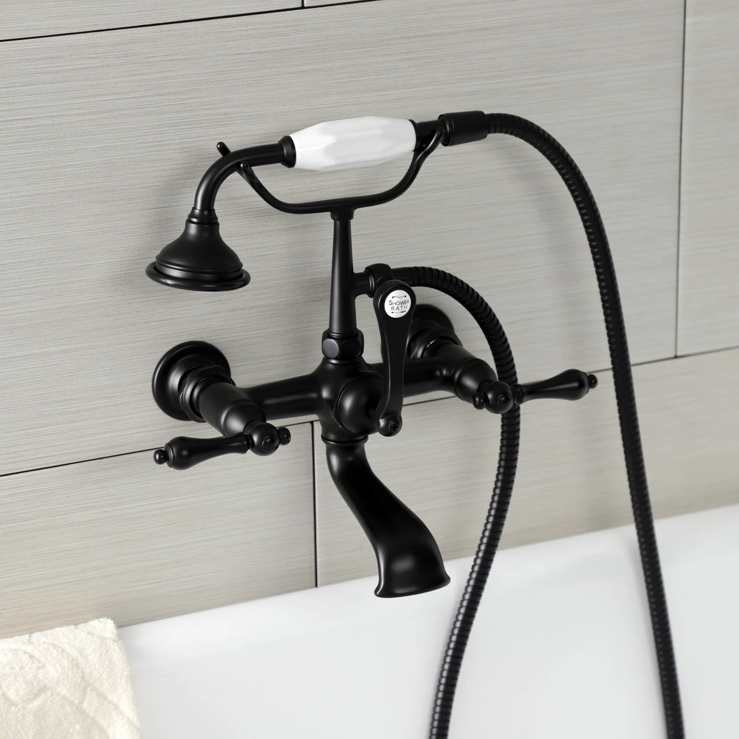 Kingston Heirloom AE551T0 - Aqua Vintage Three-Handle 2-Hole Tub Wall Mount Clawfoot Tub Faucet with Hand Shower, Matte Black - Image 3