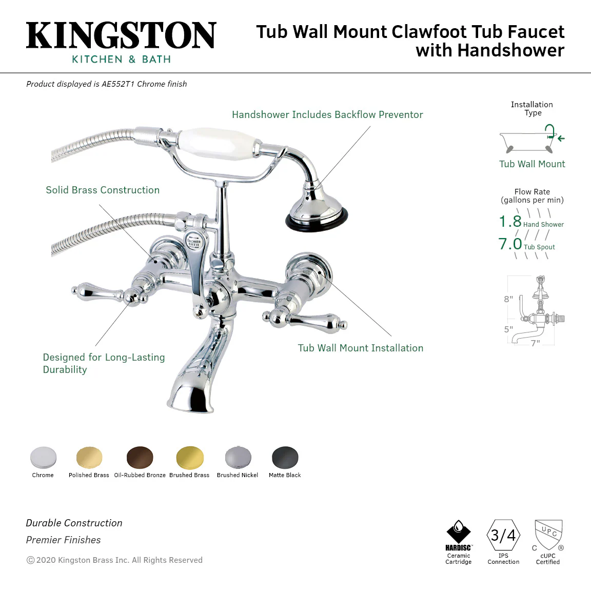Kingston Heirloom AE551T0 - Aqua Vintage Three-Handle 2-Hole Tub Wall Mount Clawfoot Tub Faucet with Hand Shower, Matte Black - Image 9