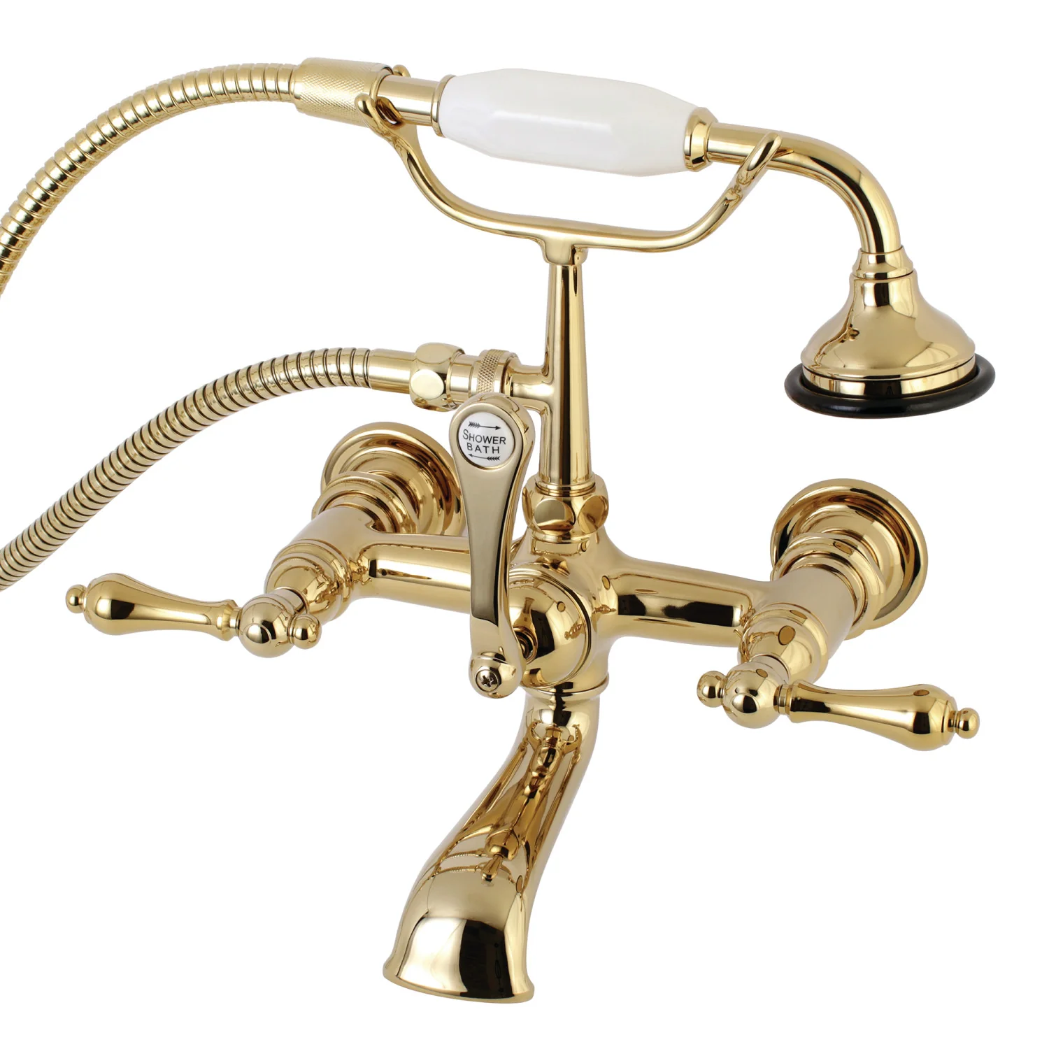 Kingston Heirloom AE551T2 - Aqua Vintage Three-Handle 2-Hole Tub Wall Mount Clawfoot Tub Faucet with Hand Shower, Polished Brass