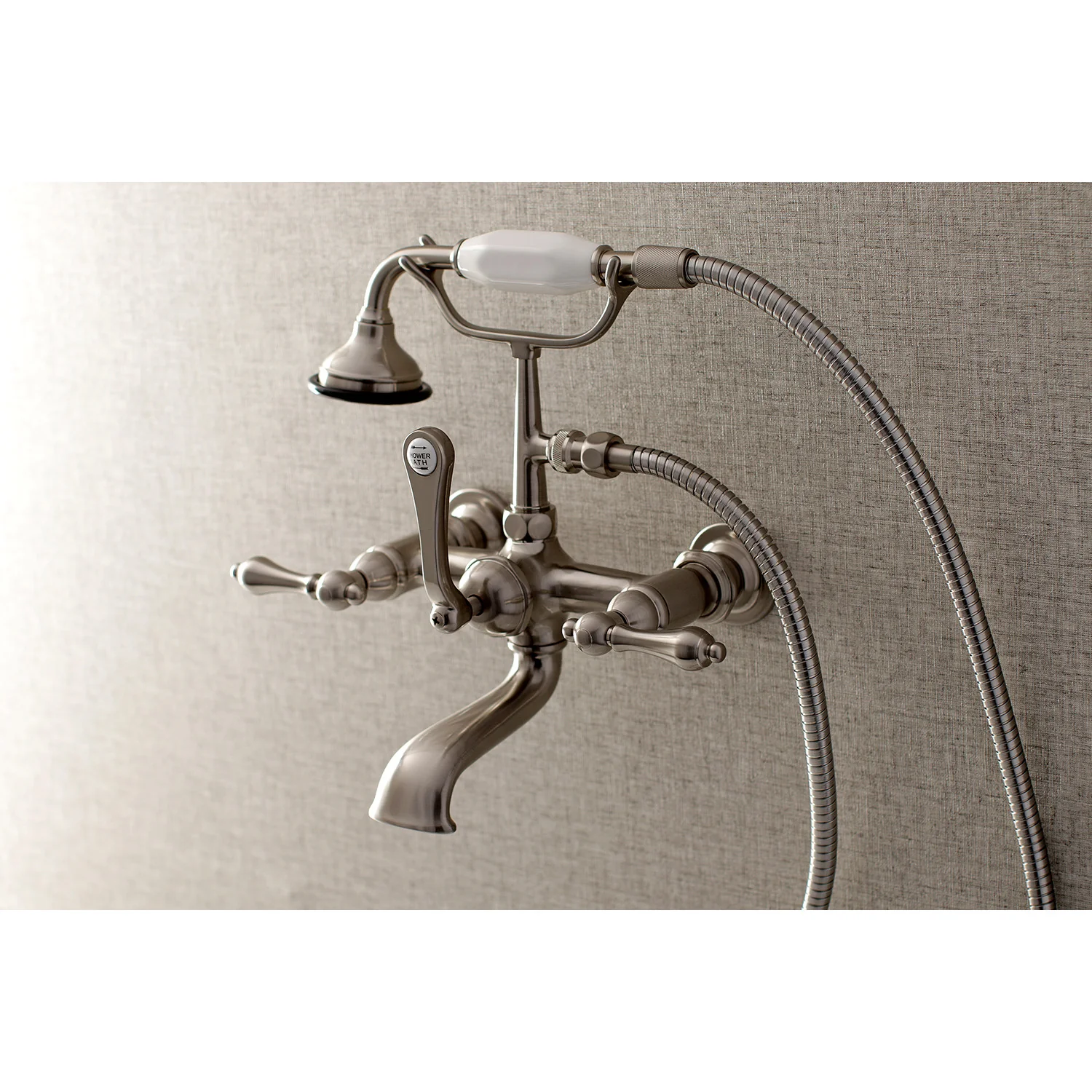 Kingston Heirloom AE551T8 - Aqua Vintage Three-Handle 2-Hole Tub Wall Mount Clawfoot Tub Faucet with Hand Shower, Brushed Nickel - Image 2