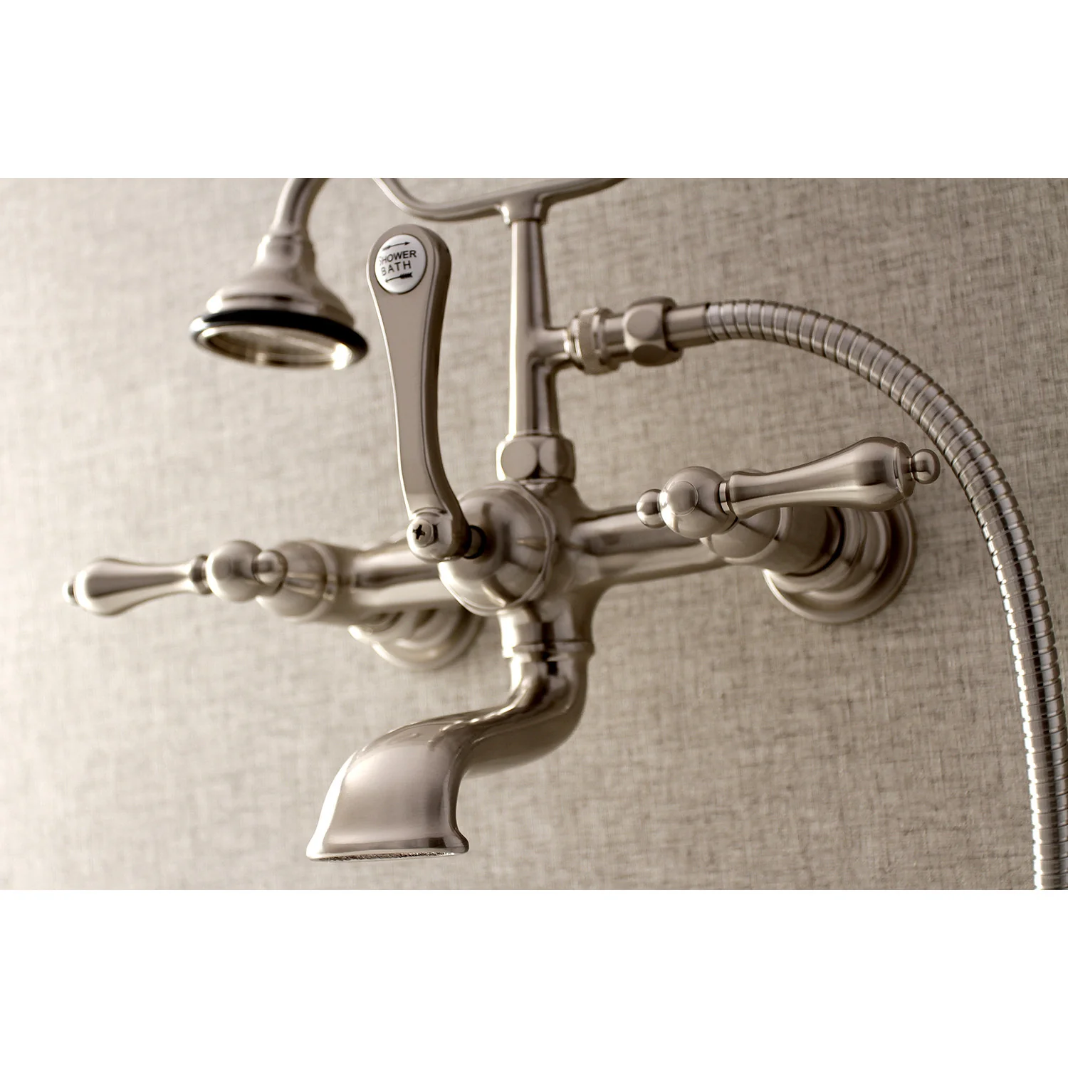 Kingston Heirloom AE551T8 - Aqua Vintage Three-Handle 2-Hole Tub Wall Mount Clawfoot Tub Faucet with Hand Shower, Brushed Nickel - Image 3