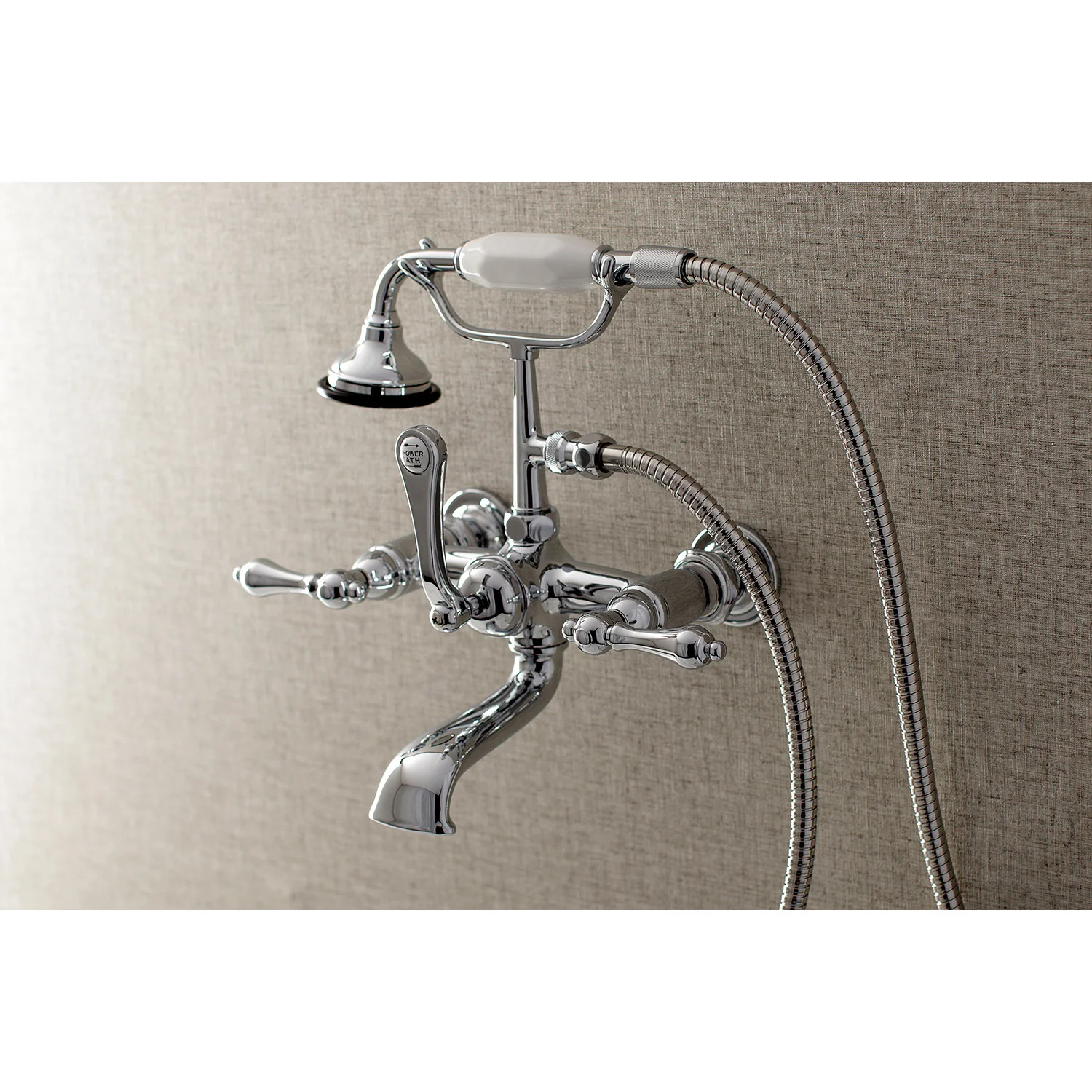 Kingston Heirloom AE552T1 - Aqua Vintage Three-Handle 2-Hole Tub Wall Mount Clawfoot Tub Faucet with Hand Shower, Polished Chrome - Image 2