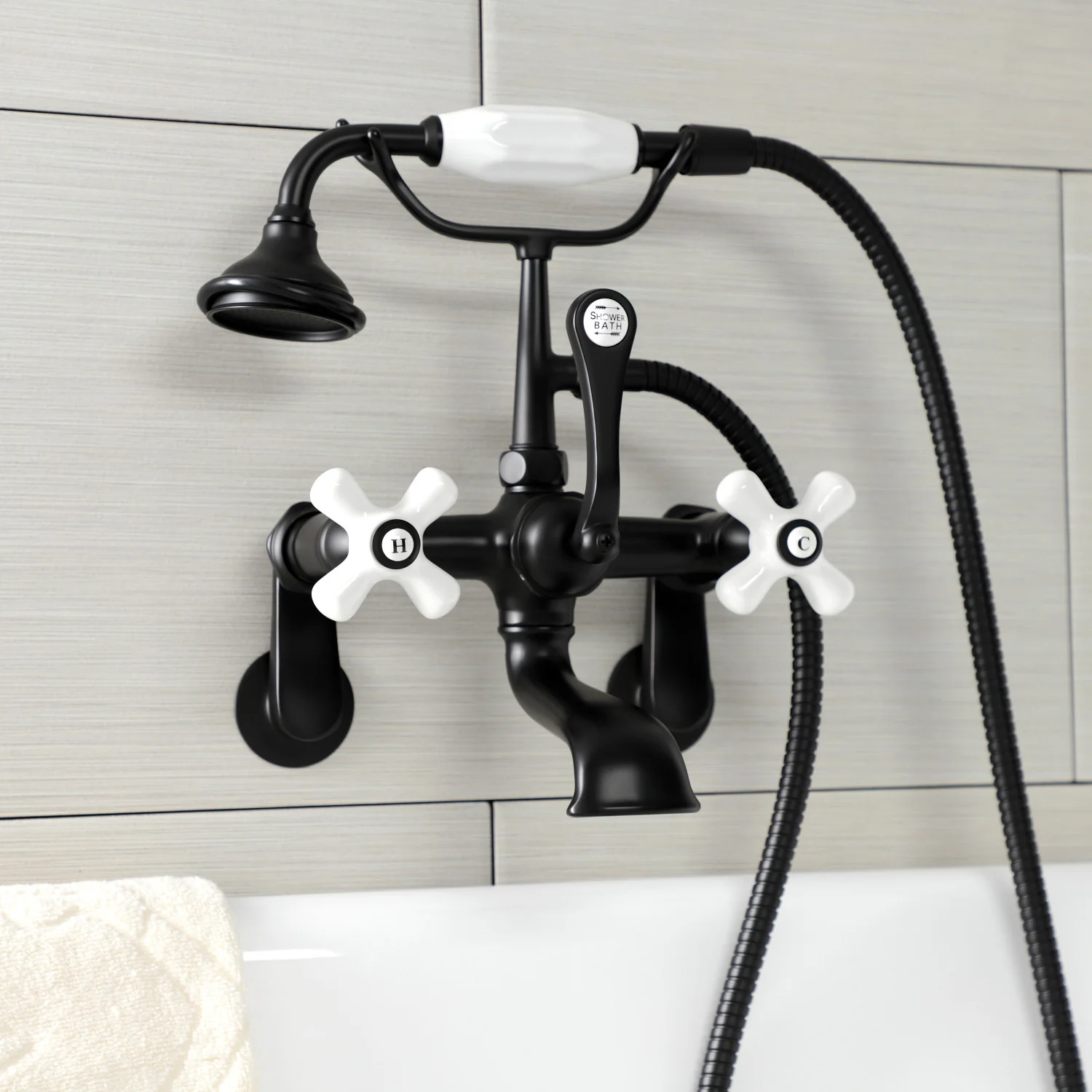 Kingston Heirloom AE59T0 - Aqua Vintage Three-Handle 2-Hole Tub Wall Mount Clawfoot Tub Faucet with Hand Shower, Matte Black - Image 6