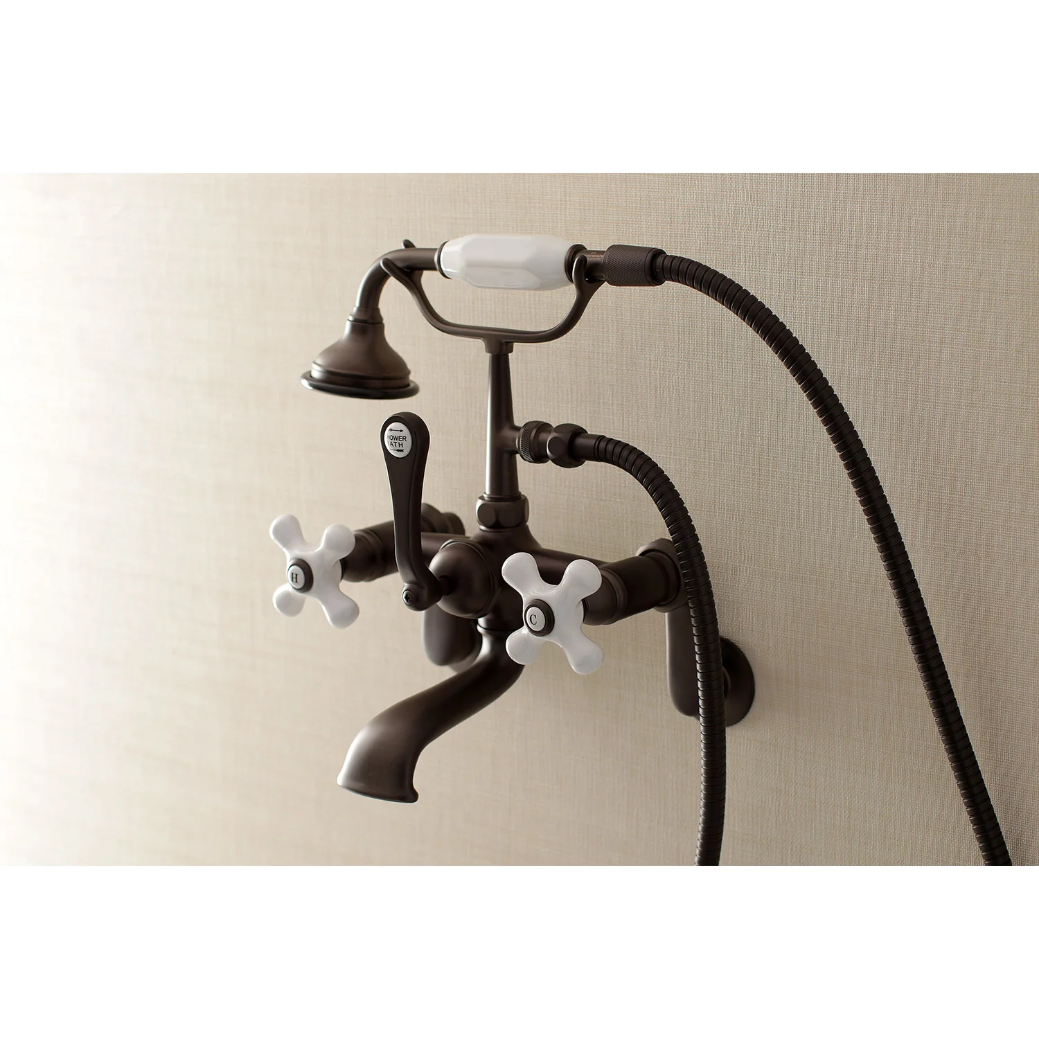 Kingston Heirloom AE59T5 - Aqua Vintage Three-Handle 2-Hole Tub Wall Mount Clawfoot Tub Faucet with Hand Shower, Oil Rubbed Bronze - Image 2
