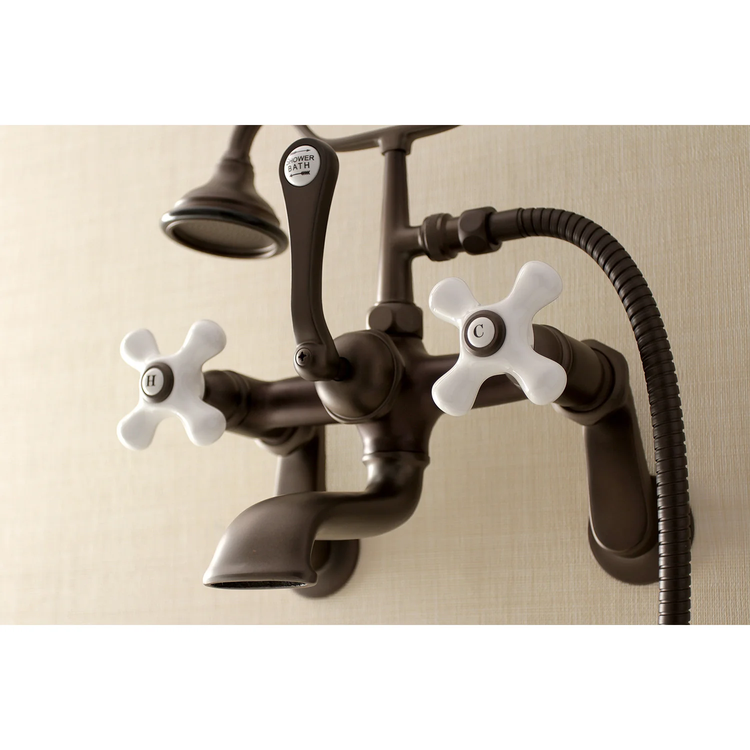 Kingston Heirloom AE59T5 - Aqua Vintage Three-Handle 2-Hole Tub Wall Mount Clawfoot Tub Faucet with Hand Shower, Oil Rubbed Bronze - Image 3