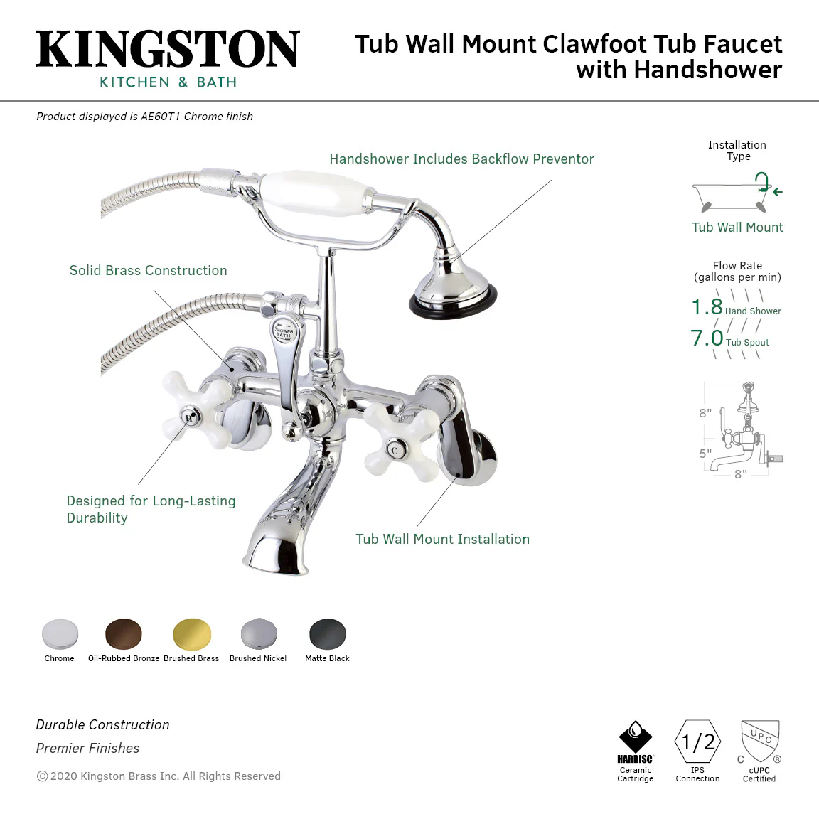Kingston Heirloom AE59T5 - Aqua Vintage Three-Handle 2-Hole Tub Wall Mount Clawfoot Tub Faucet with Hand Shower, Oil Rubbed Bronze - Image 4