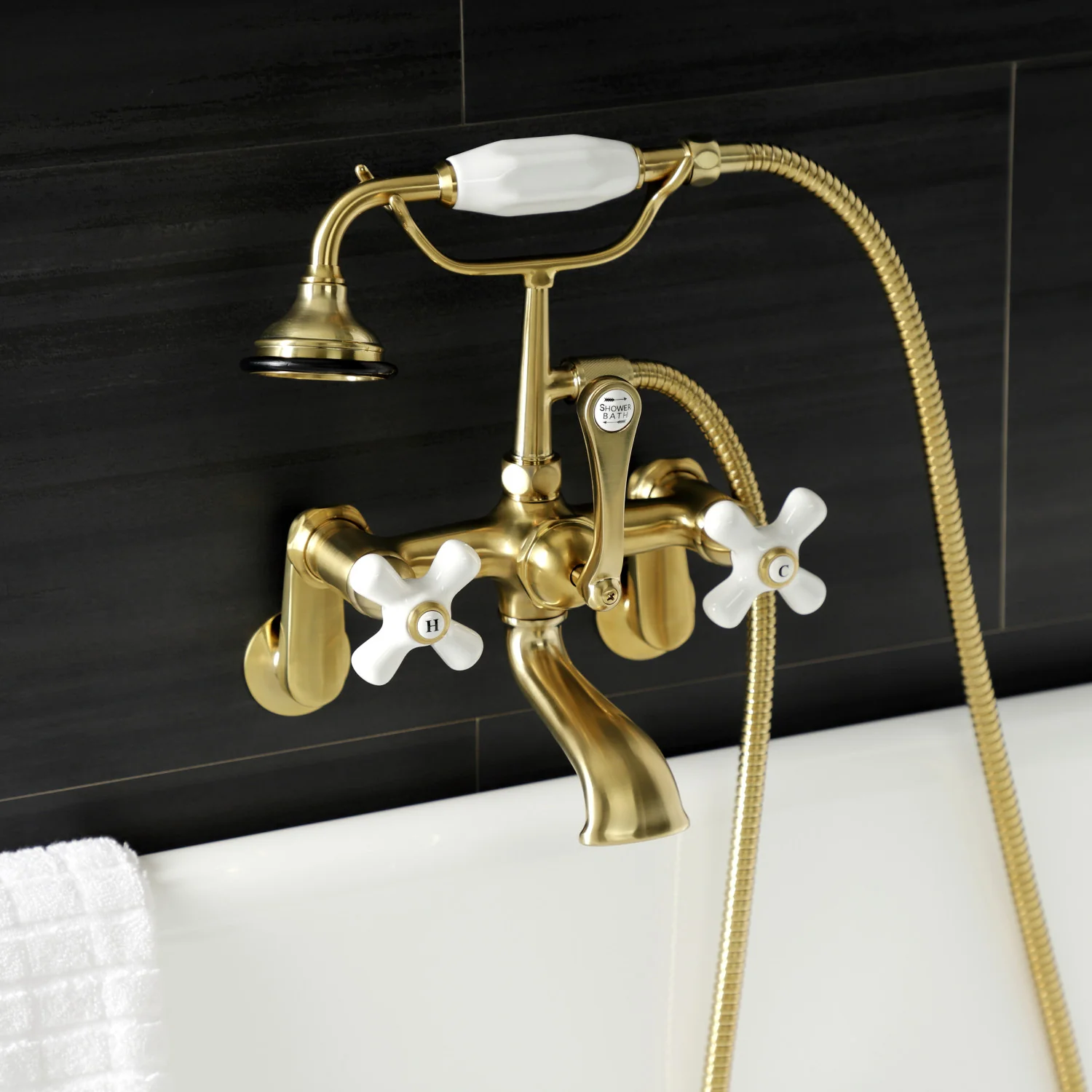 Kingston Heirloom AE59T7 - Aqua Vintage Three-Handle 2-Hole Tub Wall Mount Clawfoot Tub Faucet with Hand Shower, Brushed Brass - Image 3