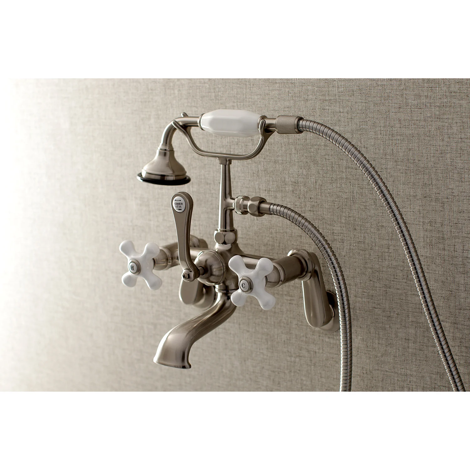 Kingston Heirloom AE59T8 - Aqua Vintage Three-Handle 2-Hole Tub Wall Mount Clawfoot Tub Faucet with Hand Shower, Brushed Nickel - Image 2