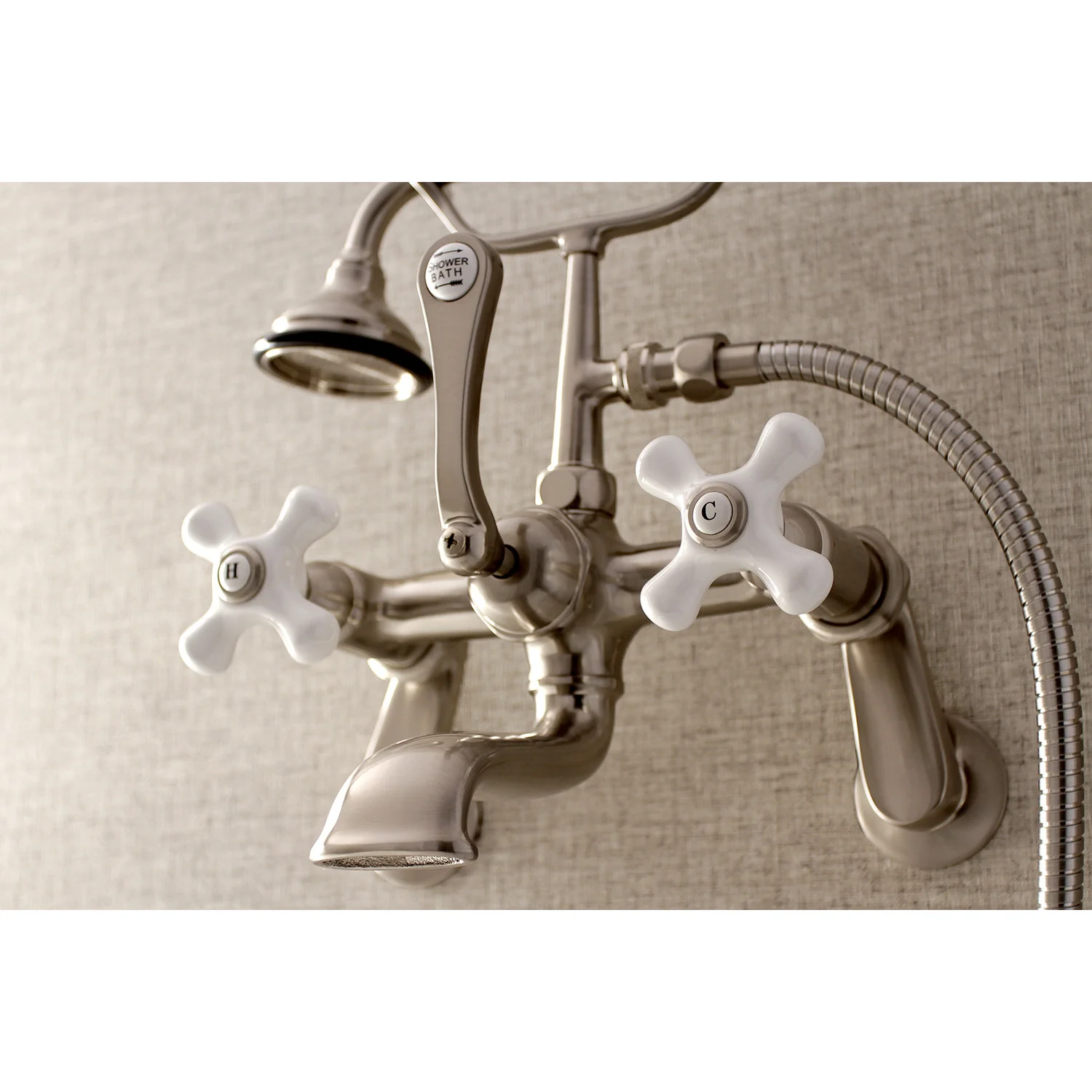 Kingston Heirloom AE59T8 - Aqua Vintage Three-Handle 2-Hole Tub Wall Mount Clawfoot Tub Faucet with Hand Shower, Brushed Nickel - Image 3