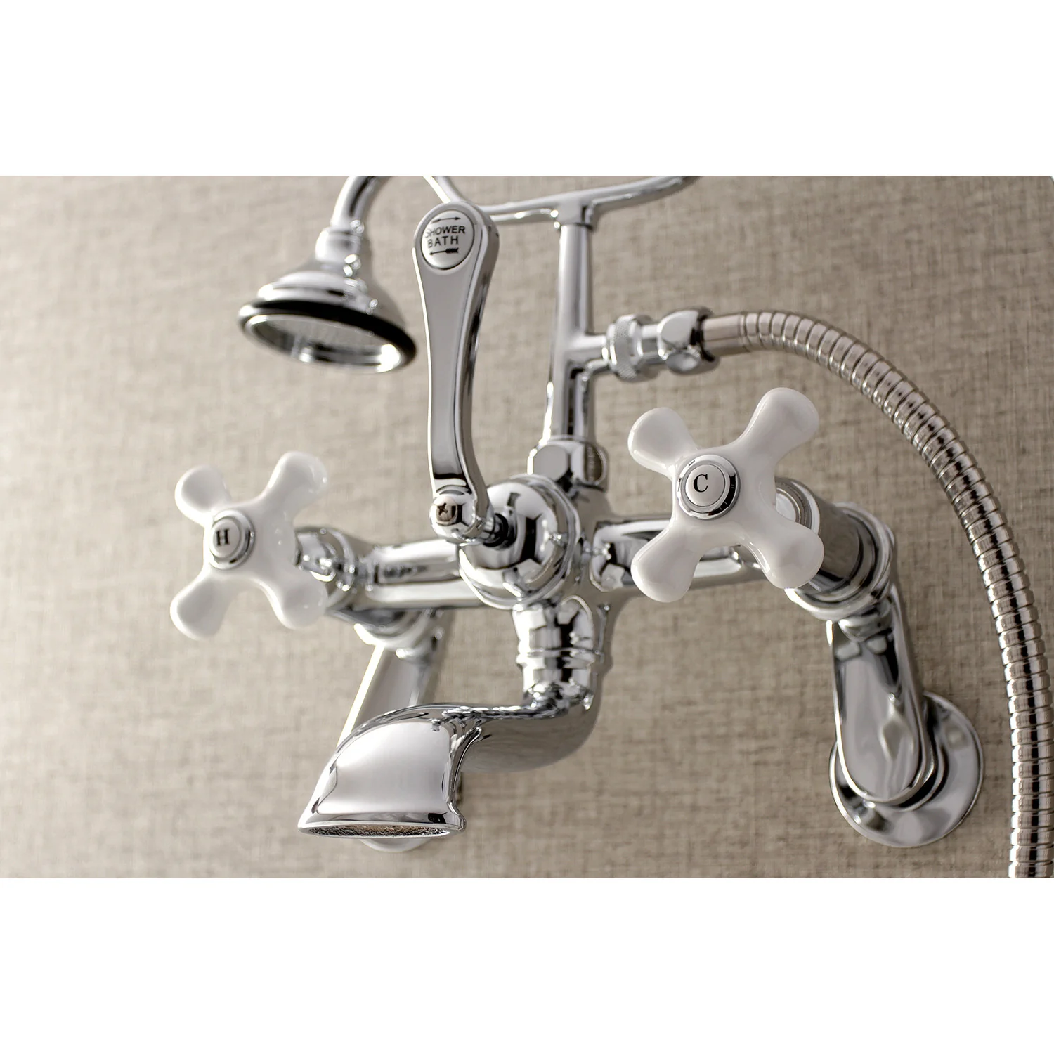 Kingston Heirloom AE60T1 - Aqua Vintage Three-Handle 2-Hole Tub Wall Mount Clawfoot Tub Faucet with Hand Shower, Polished Chrome - Image 3