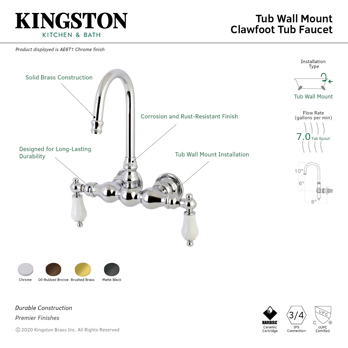 Kingston Heirloom AE6T1 - Aqua Vintage Two-Handle 2-Hole Tub Wall Mount Clawfoot Tub Faucet, Polished Chrome - Image 4