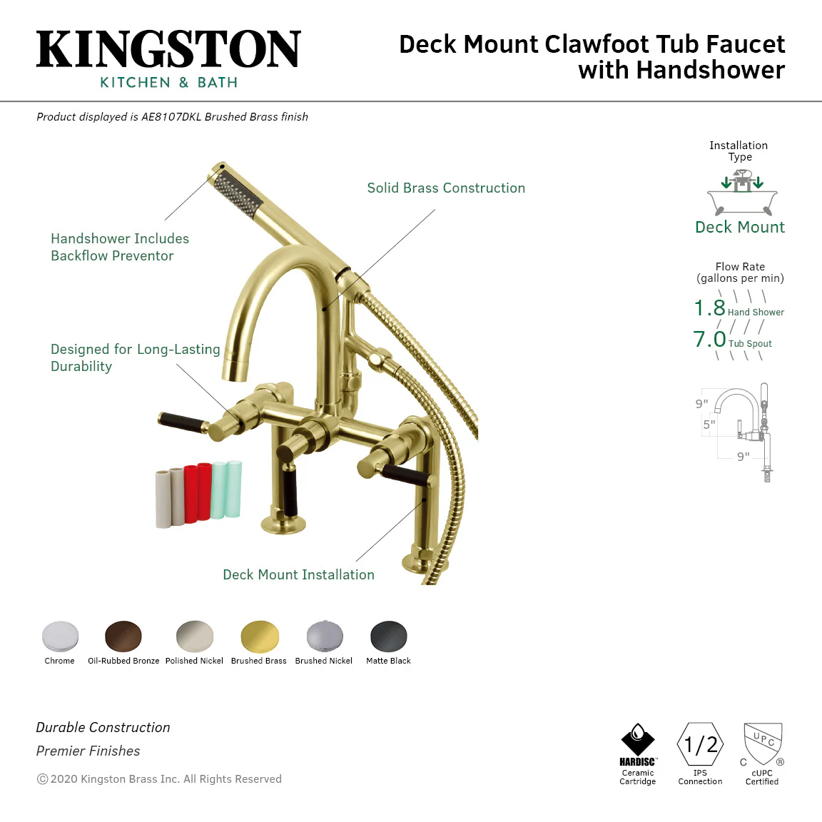 Kingston Sona AE8105DKL - Kaiser Three-Handle 2-Hole Deck-Mount Clawfoot Tub Faucet with Hand Shower, Oil Rubbed Bronze - Image 10
