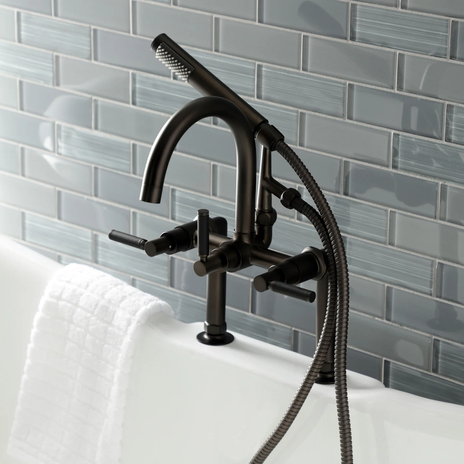 Kingston Sona AE8105DKL - Kaiser Three-Handle 2-Hole Deck-Mount Clawfoot Tub Faucet with Hand Shower, Oil Rubbed Bronze - Image 2