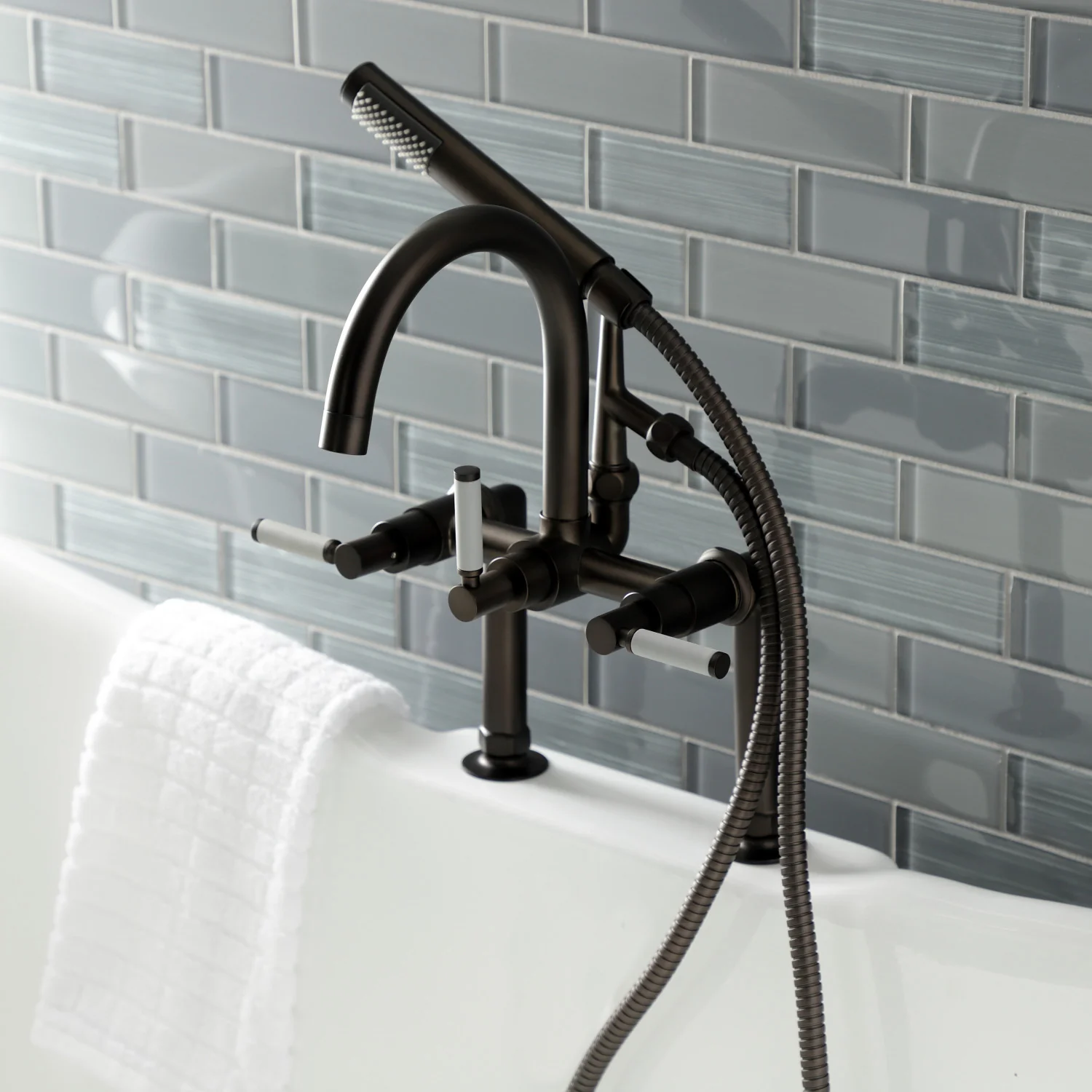 Kingston Sona AE8105DKL - Kaiser Three-Handle 2-Hole Deck-Mount Clawfoot Tub Faucet with Hand Shower, Oil Rubbed Bronze - Image 4