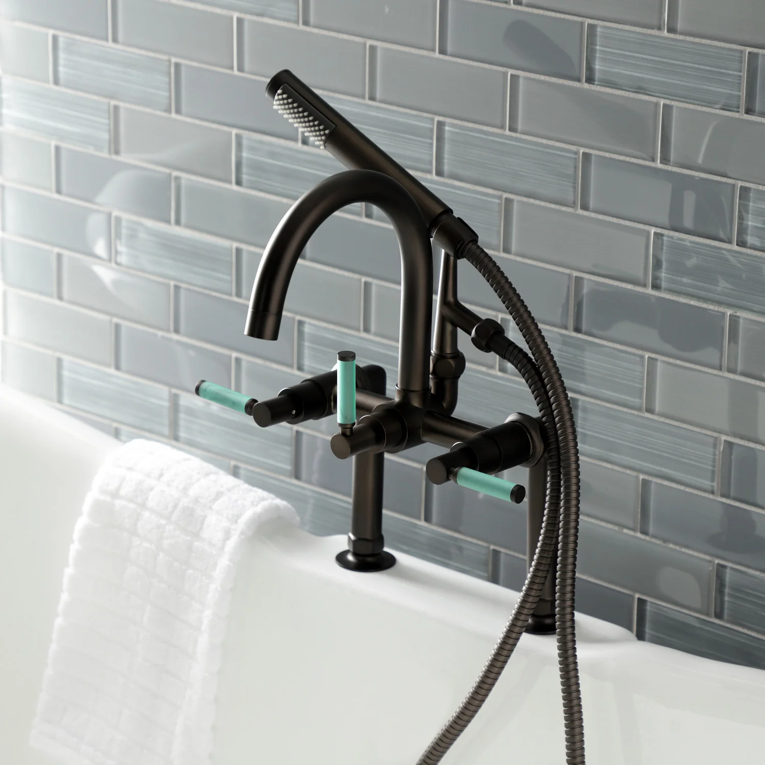 Kingston Sona AE8105DKL - Kaiser Three-Handle 2-Hole Deck-Mount Clawfoot Tub Faucet with Hand Shower, Oil Rubbed Bronze - Image 5