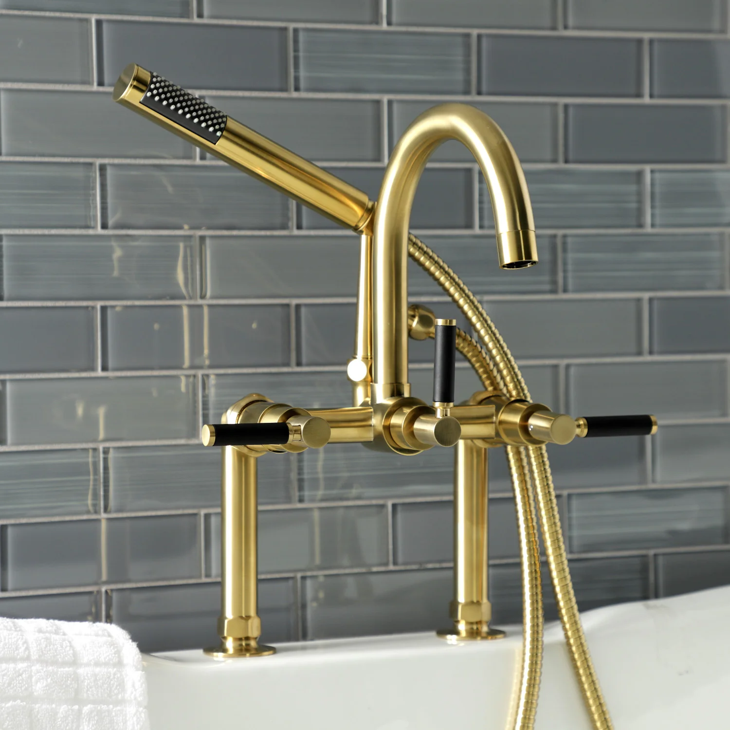 Kingston Sona AE8107DKL - Kaiser Three-Handle 2-Hole Deck-Mount Clawfoot Tub Faucet with Hand Shower, Brushed Brass - Image 3