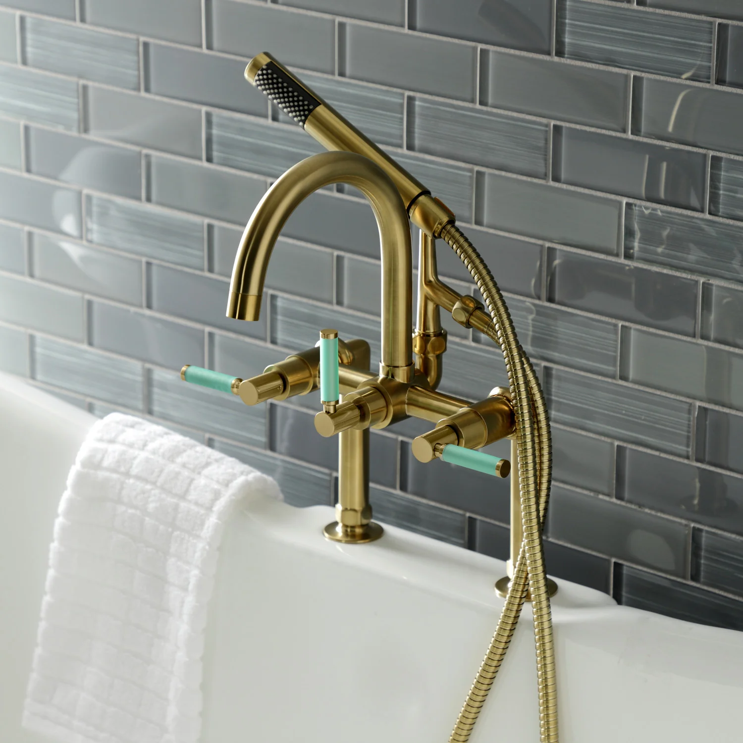 Kingston Sona AE8107DKL - Kaiser Three-Handle 2-Hole Deck-Mount Clawfoot Tub Faucet with Hand Shower, Brushed Brass - Image 5