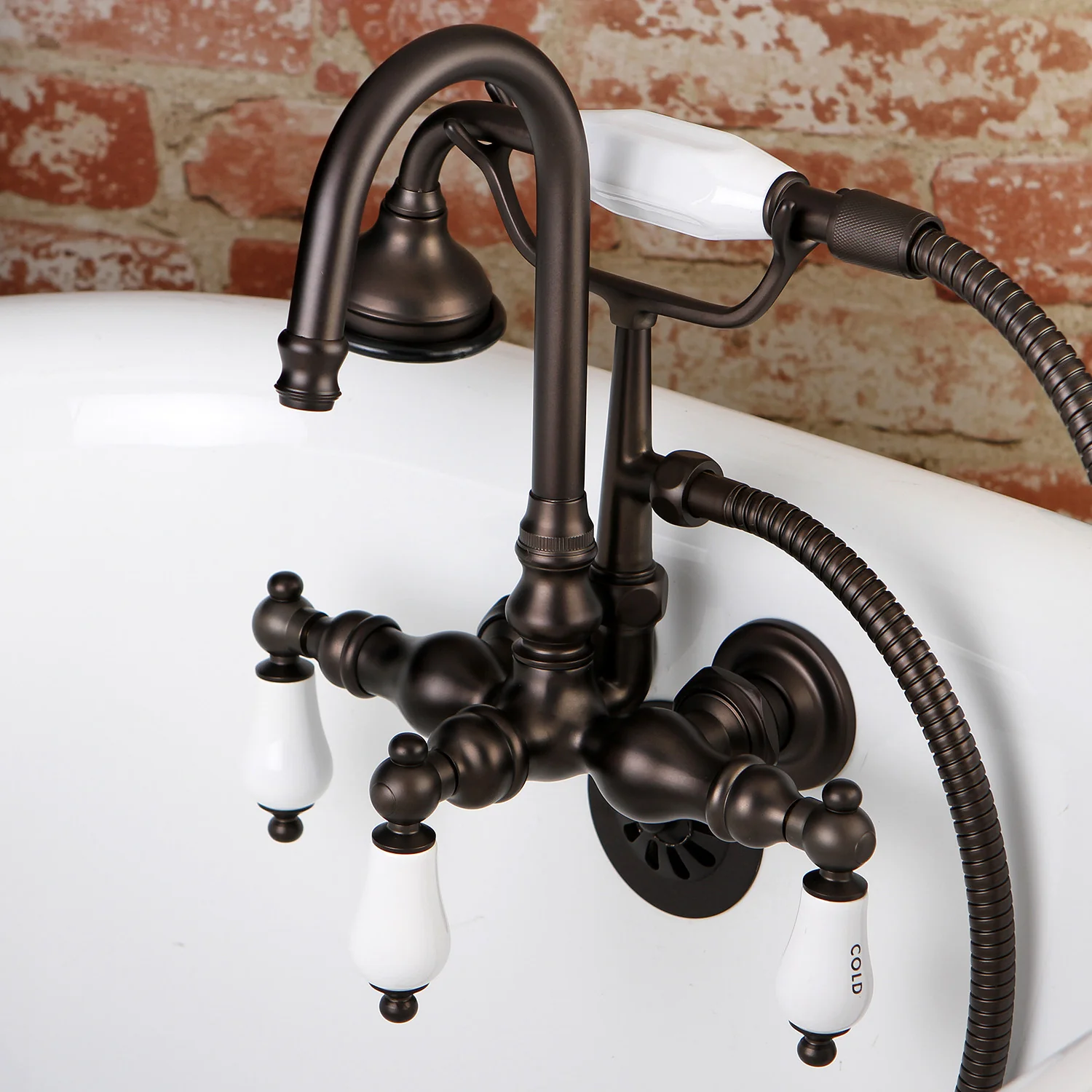Kingston Heirloom AE9T5 - Aqua Vintage Three-Handle 2-Hole Tub Wall Mount Clawfoot Tub Faucet with Hand Shower, Oil Rubbed Bronze - Image 2