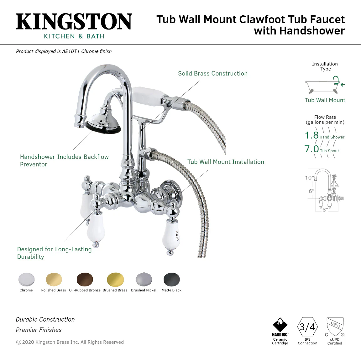Kingston Heirloom AE9T7 - Aqua Vintage Three-Handle 2-Hole Tub Wall Mount Clawfoot Tub Faucet with Hand Shower, Brushed Brass - Image 7